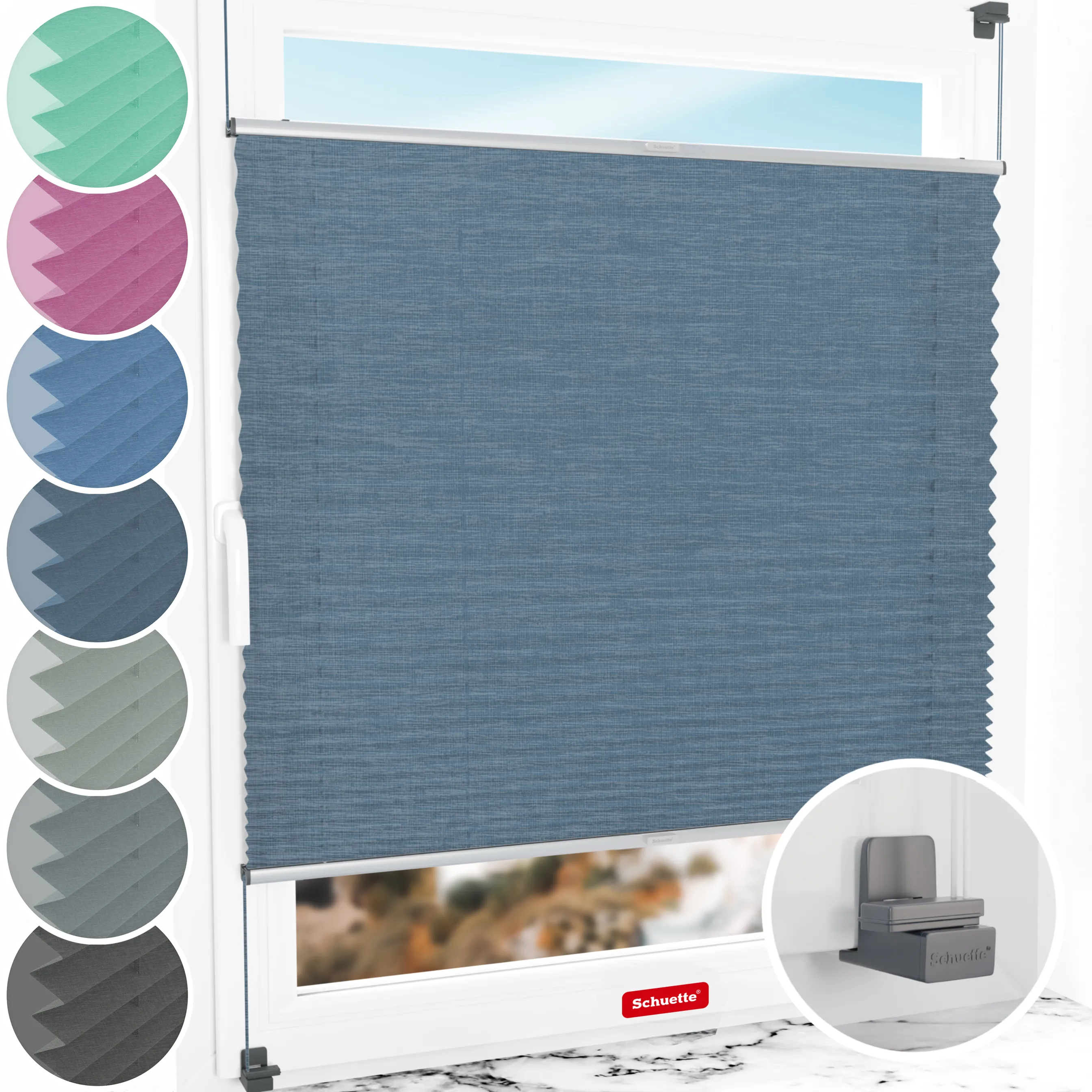 Schuette® Plissee ohne Bohren nach Maß • Suprafix Klemmhalter "X" • Melange Kollektion: After Rain (Blau) • Profilfarbe: Silber