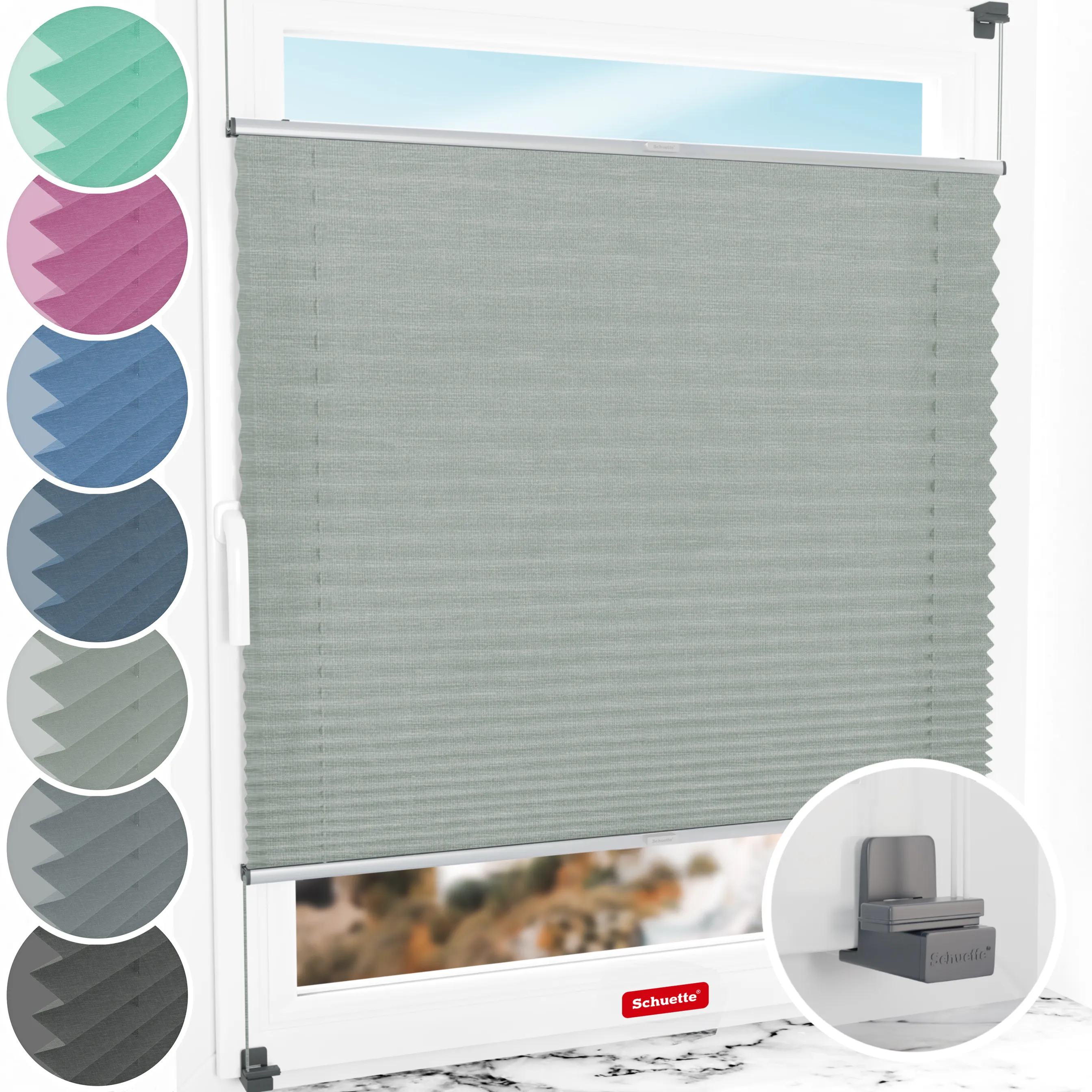 Schuette® Plissee ohne Bohren nach Maß • Suprafix Klemmhalter "X" • Melange Kollektion: On The Road (Grau) • Profilfarbe: Silber