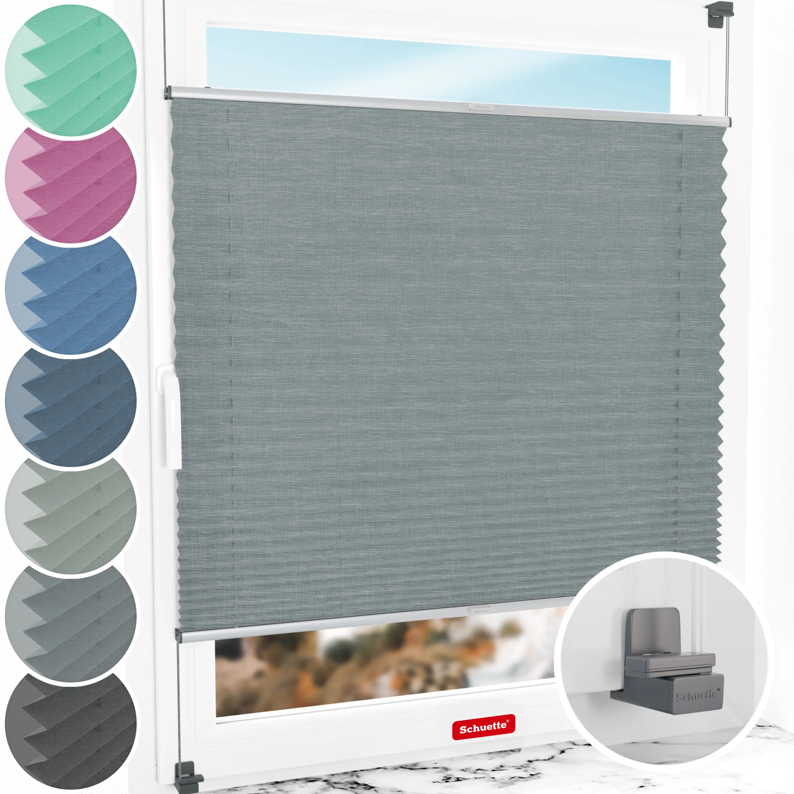 Schuette® Plissee ohne Bohren nach Maß • Suprafix Klemmhalter "X" • Melange Kollektion: Rocky Mountain (Grau) • Profilfarbe: Silber
