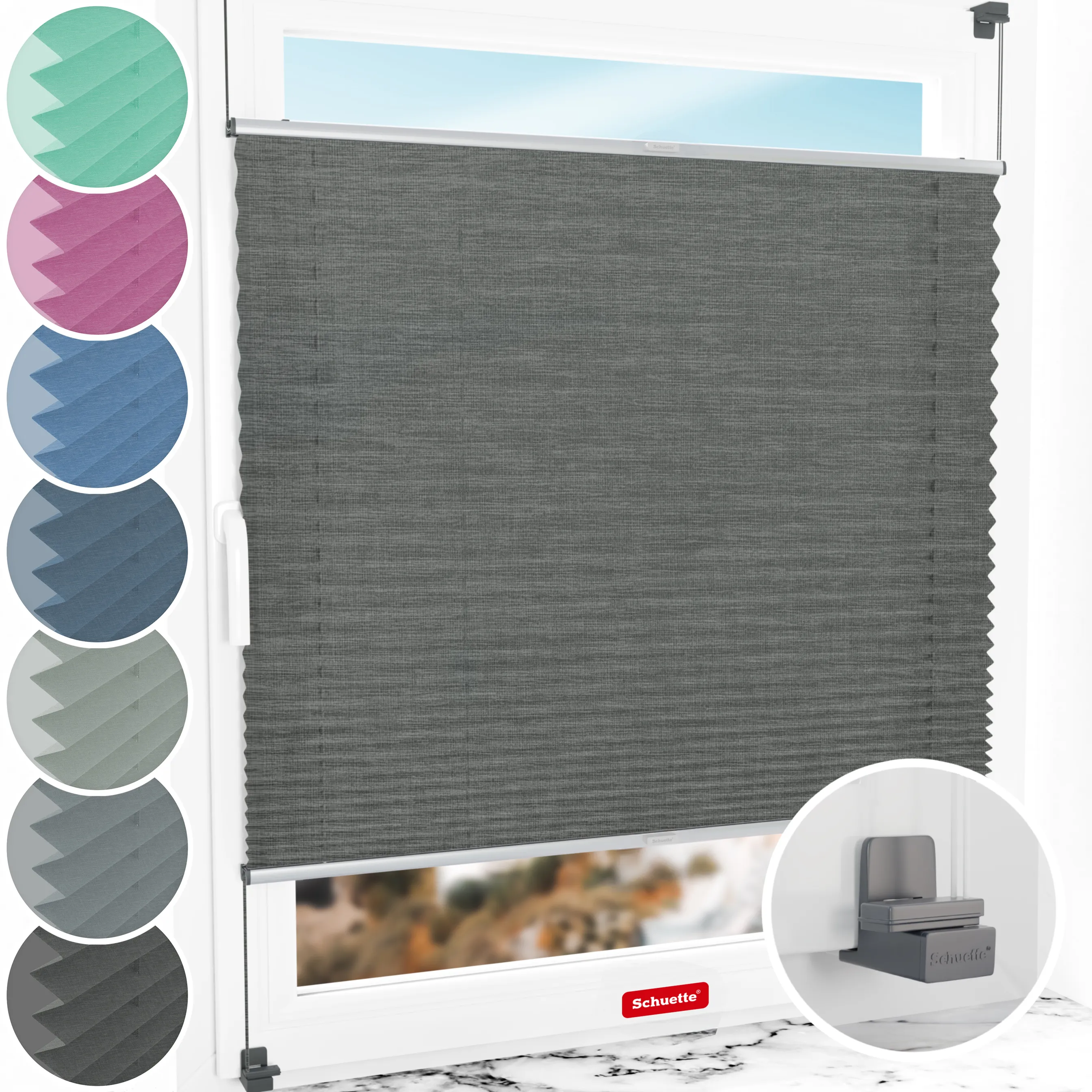 Schuette® Plissee ohne Bohren nach Maß • Suprafix Klemmhalter "X" • Melange Kollektion: Black Pearl (Schwarz) • Profilfarbe: Silber