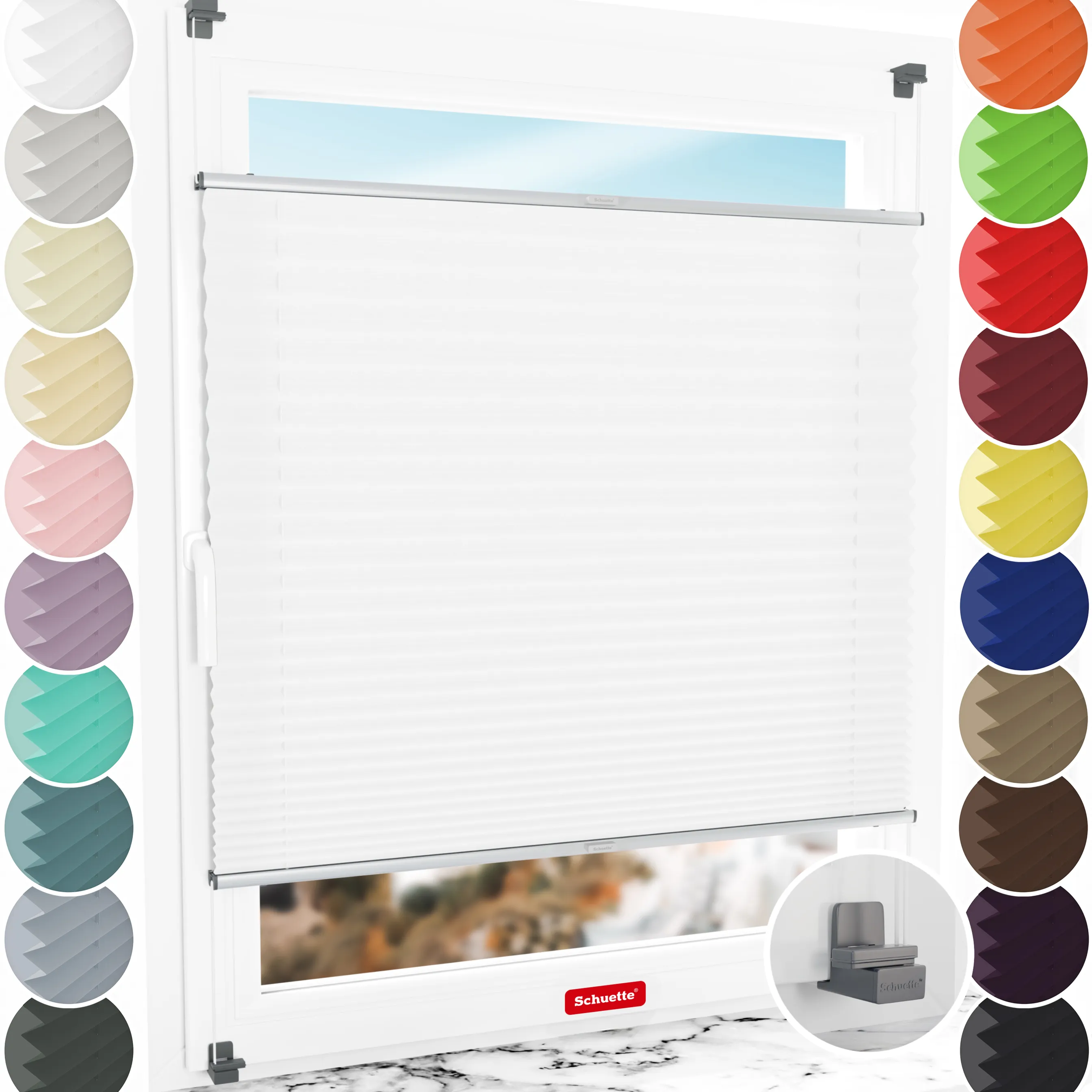 Schuette® Plissee ohne Bohren nach Maß • Suprafix Klemmhalter "X" • Premium Kollektion: White Day (Weiß) • Profilfarbe: Silber