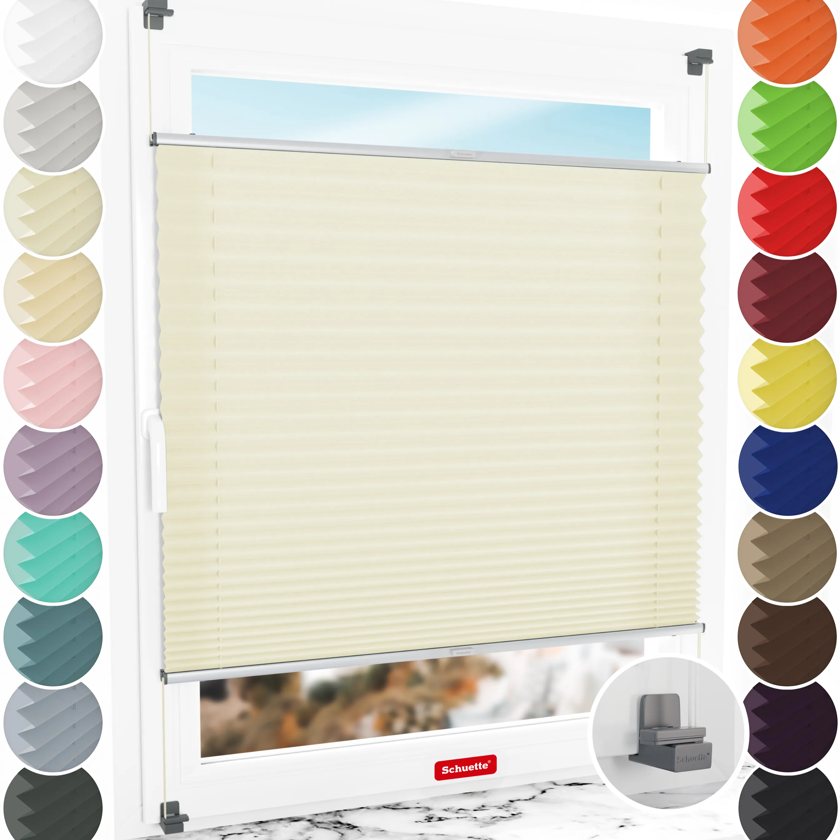 Schuette® Plissee ohne Bohren nach Maß • Suprafix Klemmhalter "X" • Premium Kollektion: Vanilla Ice Cream (Creme) • Profilfarbe: Silber
