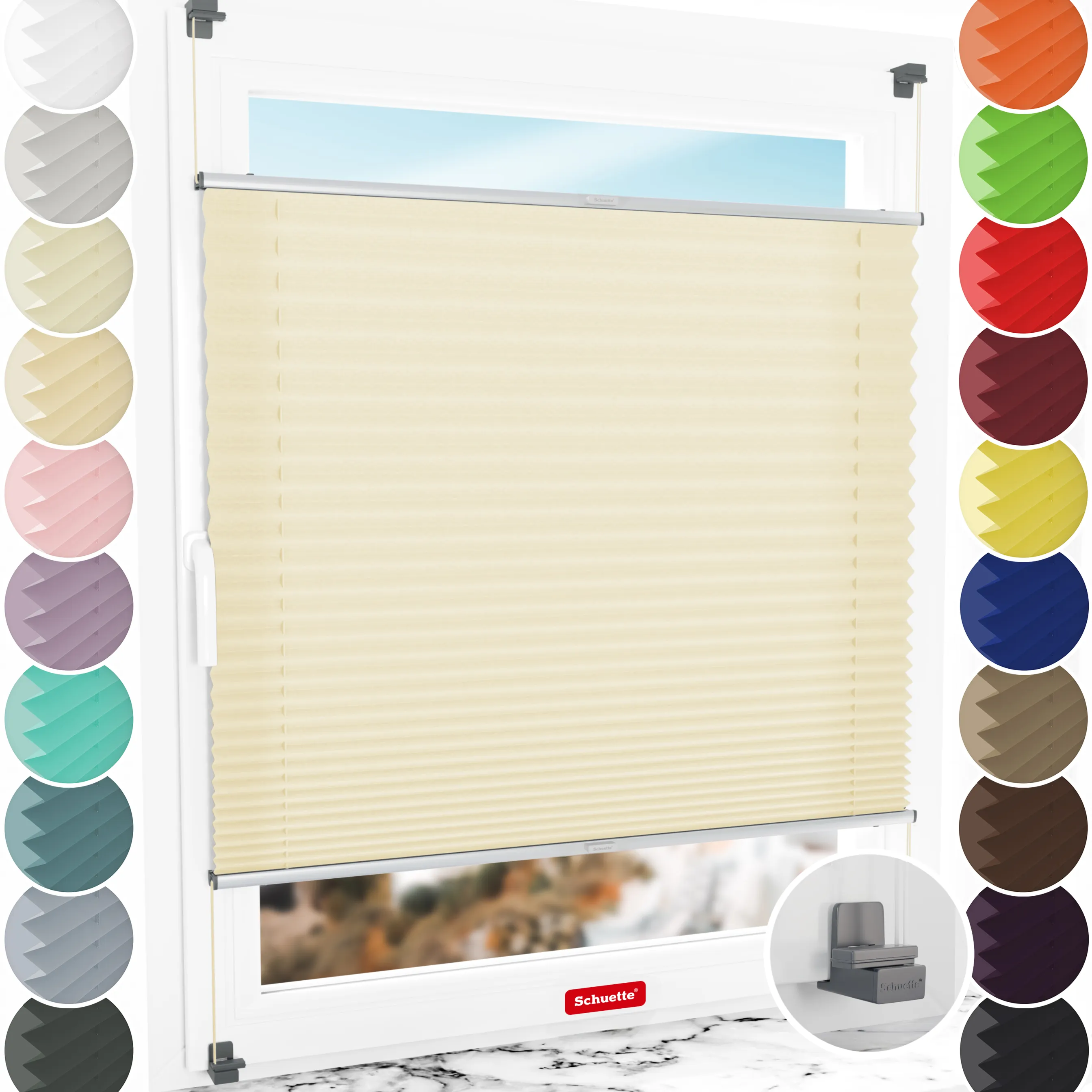 Schuette® Plissee ohne Bohren nach Maß • Suprafix Klemmhalter "X" • Premium Kollektion: Sahara's Sand • Profilfarbe: Silber