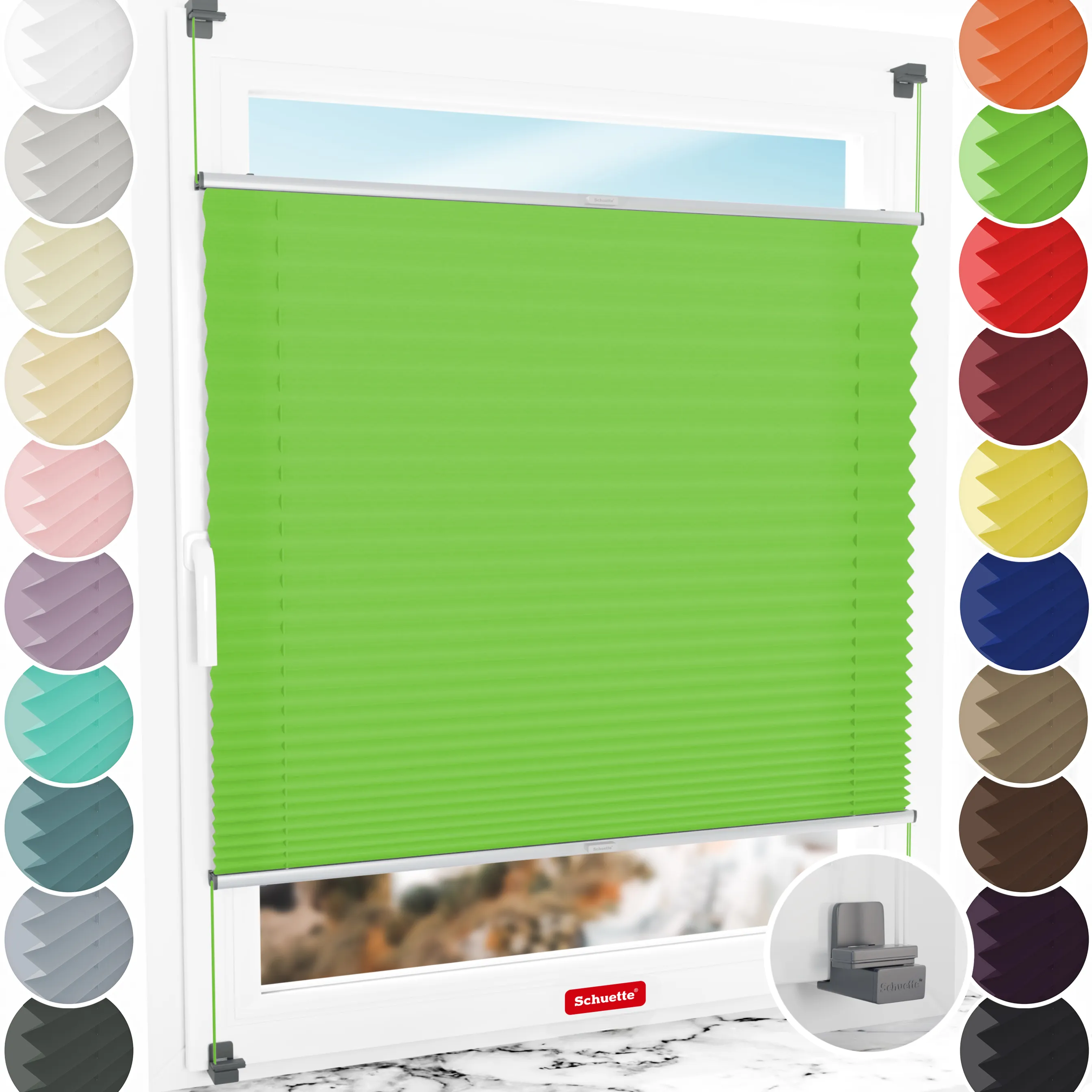 Schuette® Plissee ohne Bohren nach Maß • Suprafix Klemmhalter "X" • Premium Kollektion: Green Meadow (Grün) • Profilfarbe: Silber