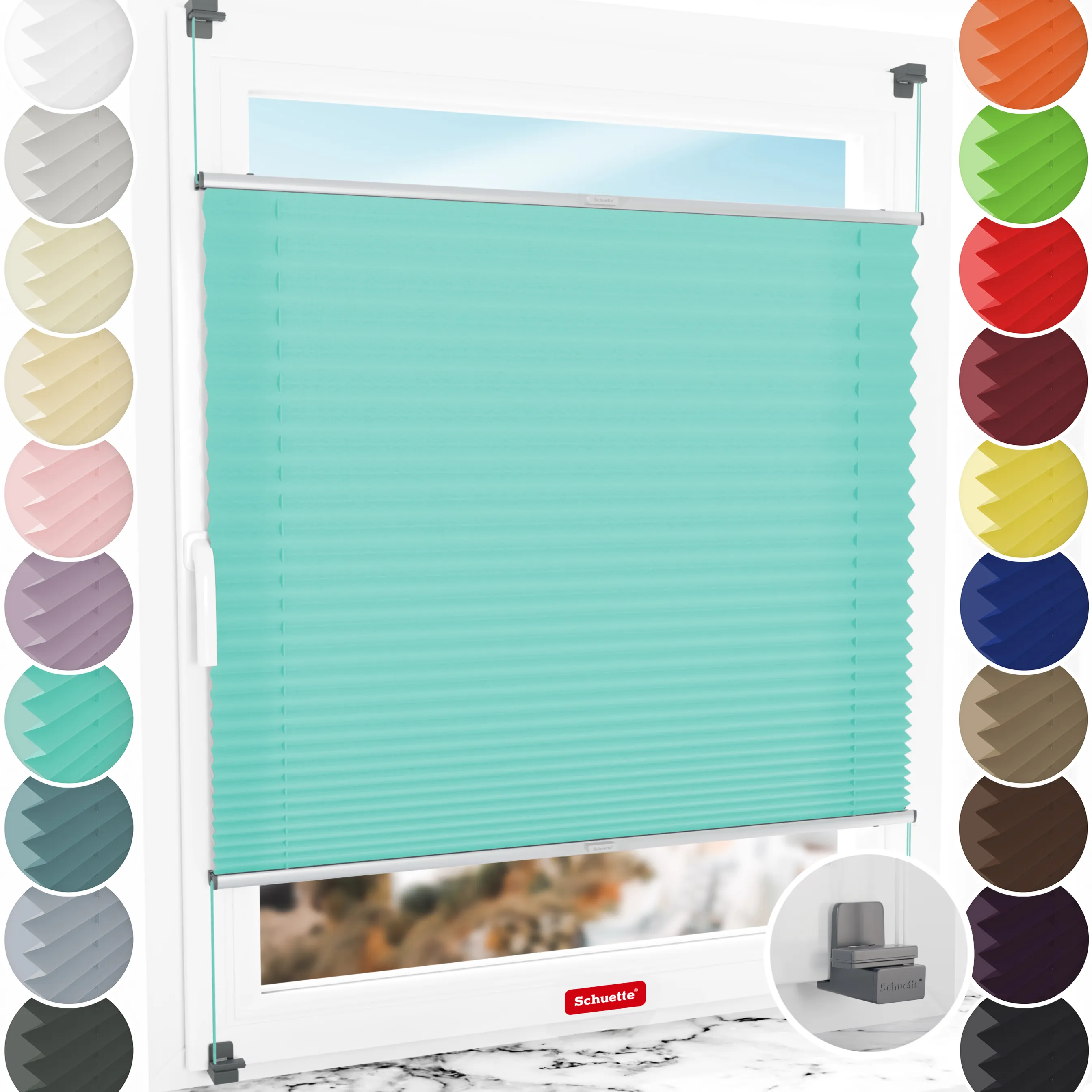 Schuette® Plissee ohne Bohren nach Maß • Suprafix Klemmhalter "X" • Premium Kollektion: Blue Ocean (Türkis) • Profilfarbe: Silber