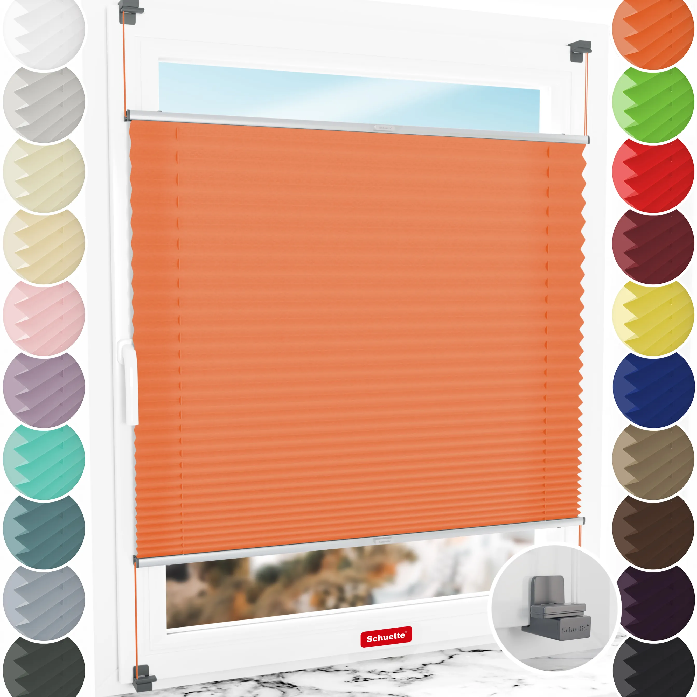 Schuette® Plissee ohne Bohren nach Maß • Suprafix Klemmhalter "X" • Premium Kollektion: Sunset (Orange) • Profilfarbe: Silber