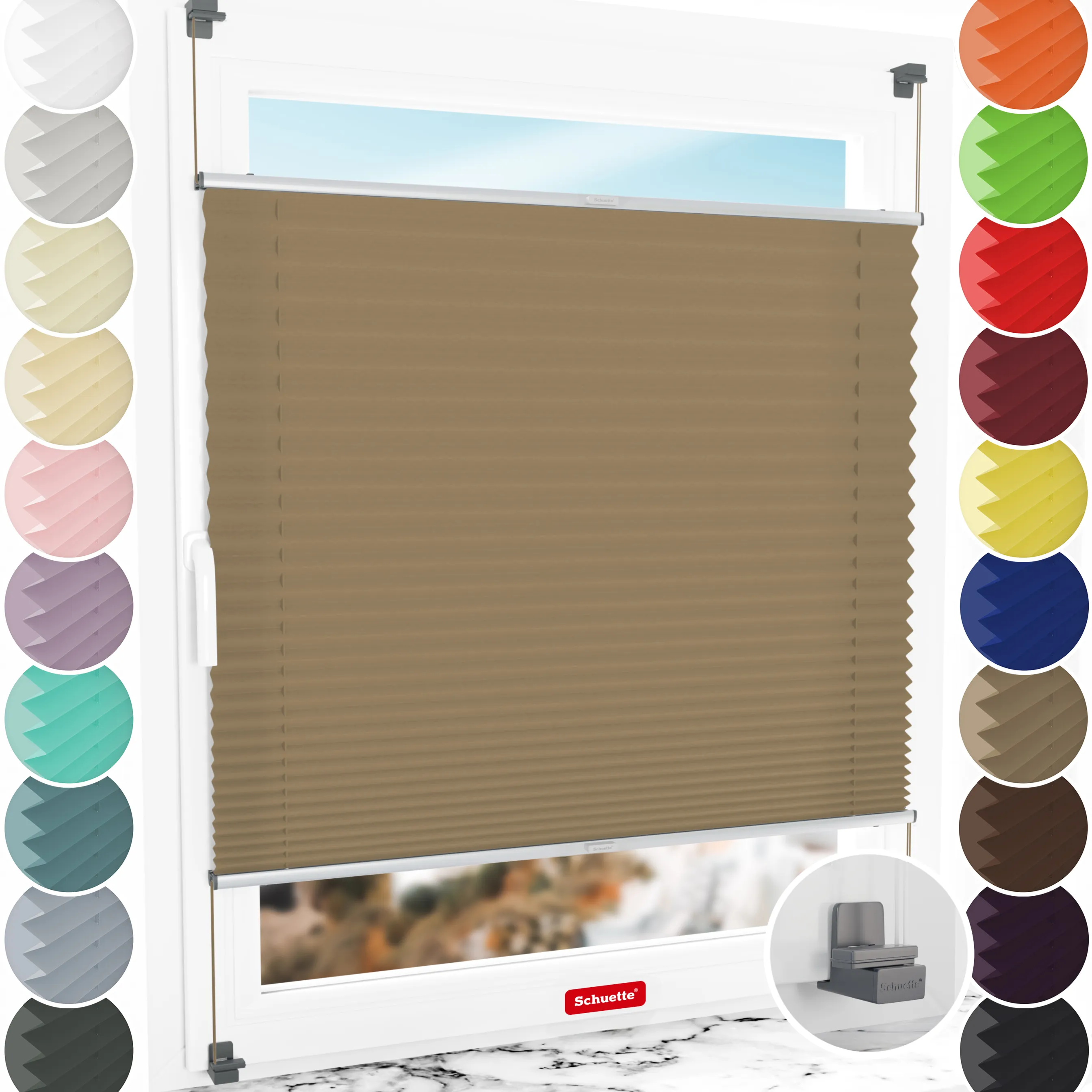 Schuette® Plissee ohne Bohren nach Maß • Suprafix Klemmhalter "X" • Premium Kollektion: Morning Coffee (Hellbraun) • Profilfarbe: Silber