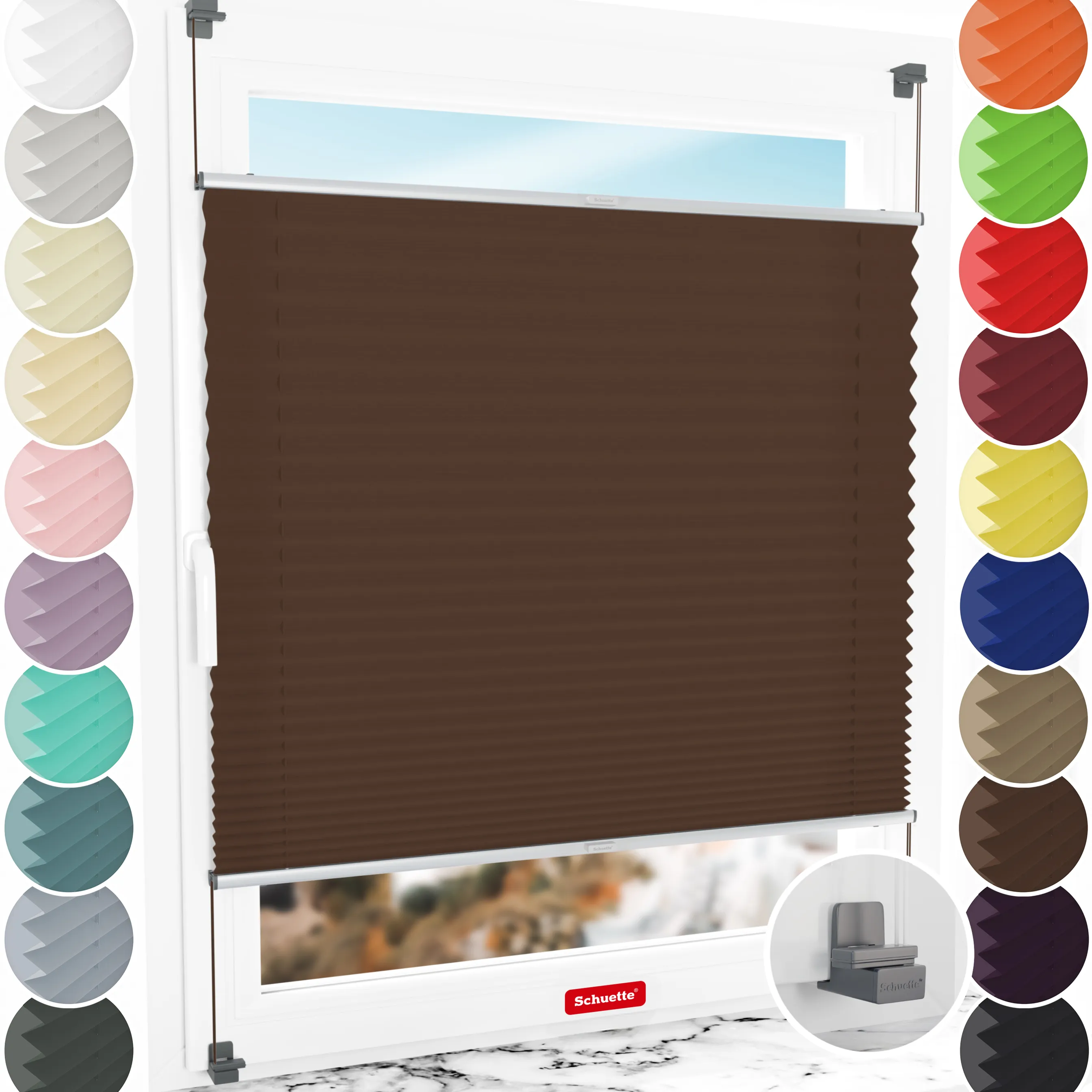Schuette® Plissee ohne Bohren nach Maß • Suprafix Klemmhalter "X" • Premium Kollektion: Hot Chocolate (Dunkelbraun) • Profilfarbe: Silber
