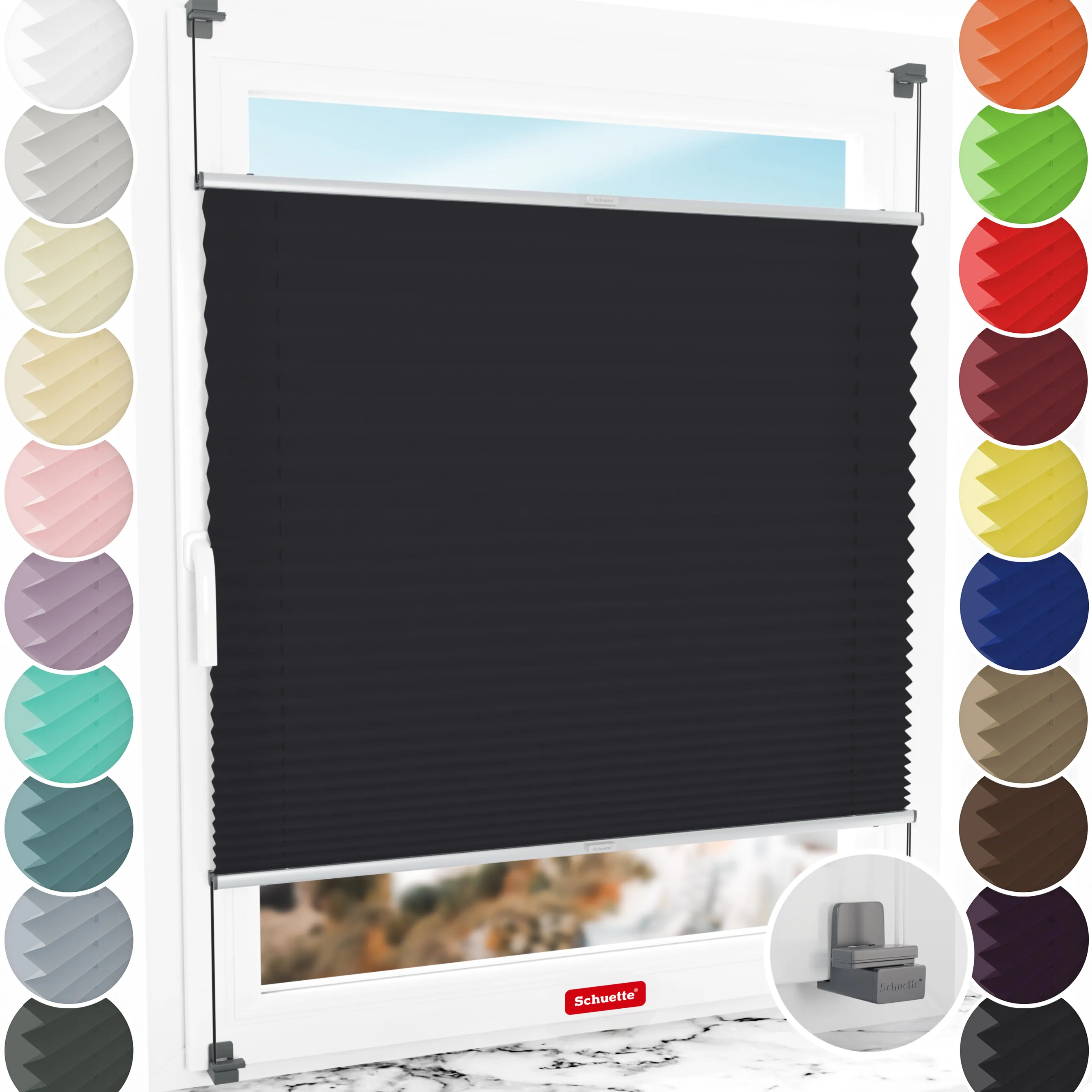 Schuette® Plissee ohne Bohren nach Maß • Suprafix Klemmhalter "X" • Premium Kollektion: Silesian Coal (Schwarz) • Profilfarbe: Silber