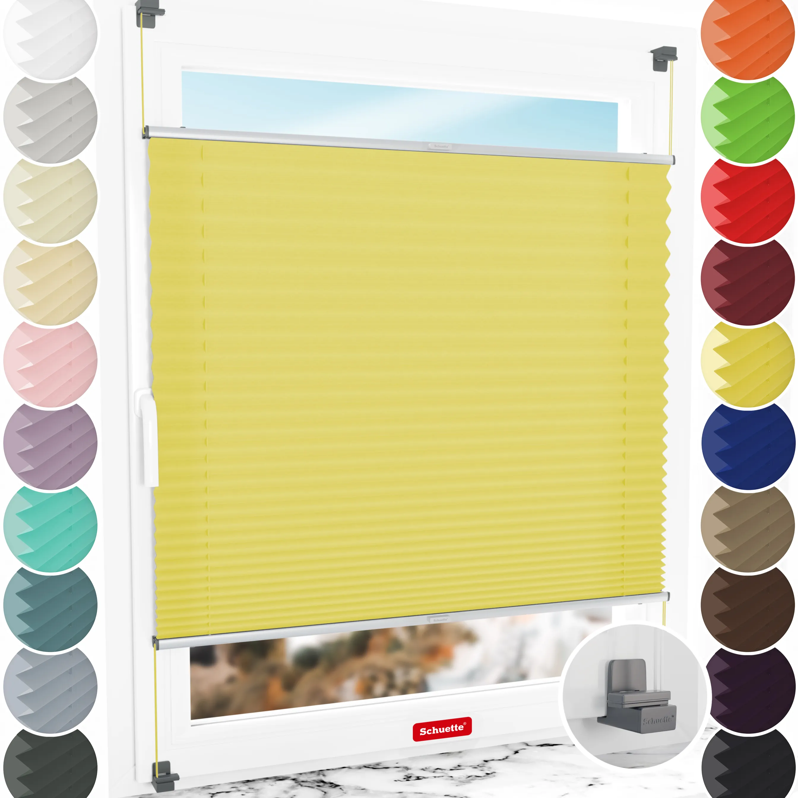 Schuette® Plissee ohne Bohren nach Maß • Suprafix Klemmhalter "X" • Premium Kollektion: Summer Time (Gelb) • Profilfarbe: Silber