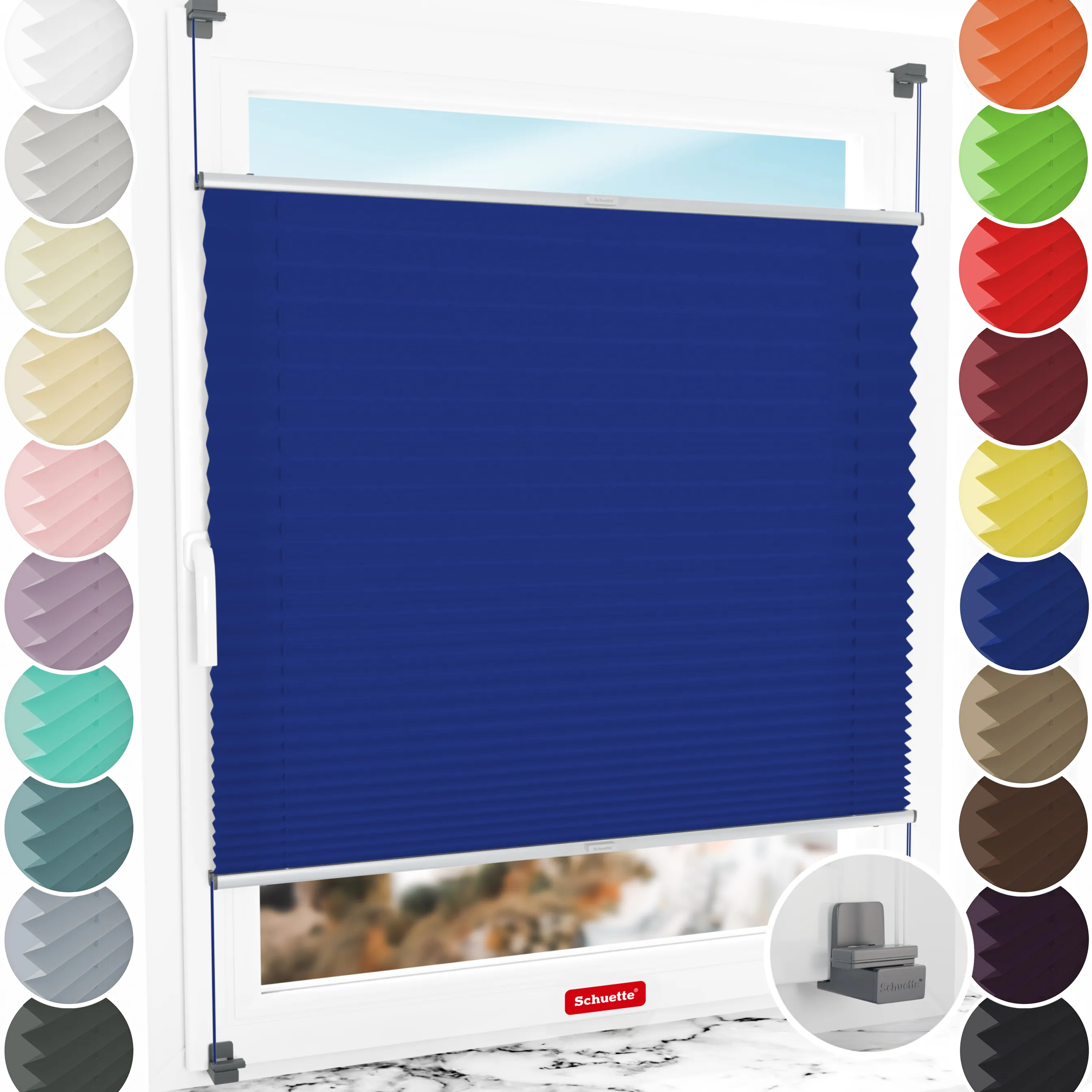 Schuette® Plissee ohne Bohren nach Maß • Suprafix Klemmhalter "X" • Premium Kollektion: Deep Lagoon (Blau) • Profilfarbe: Silber