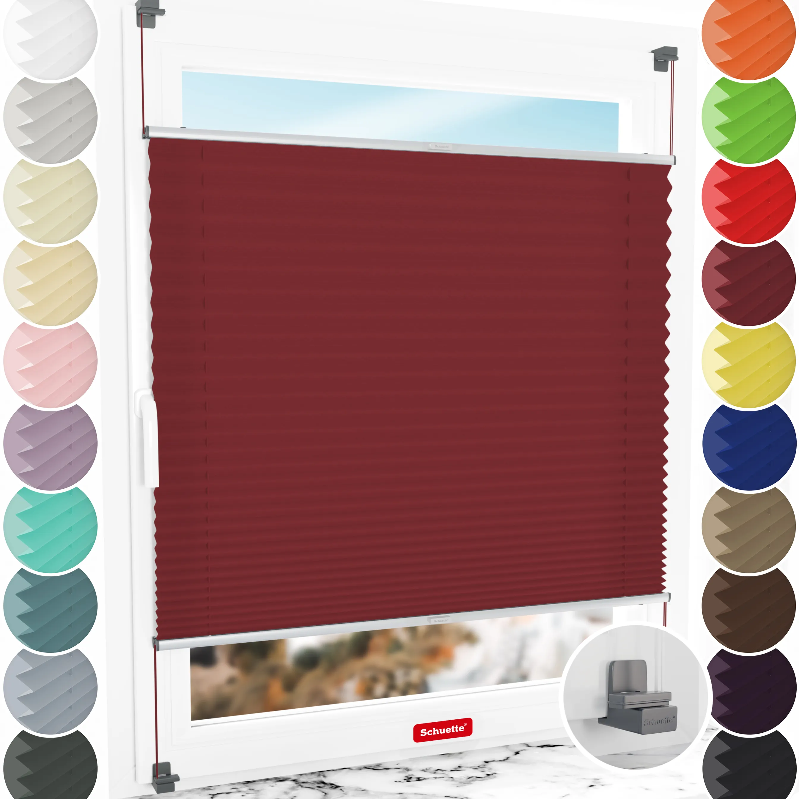 Schuette® Plissee ohne Bohren nach Maß • Suprafix Klemmhalter "X" • Premium Kollektion: Ruby Riddle (Dunkelrot) • Profilfarbe: Silber