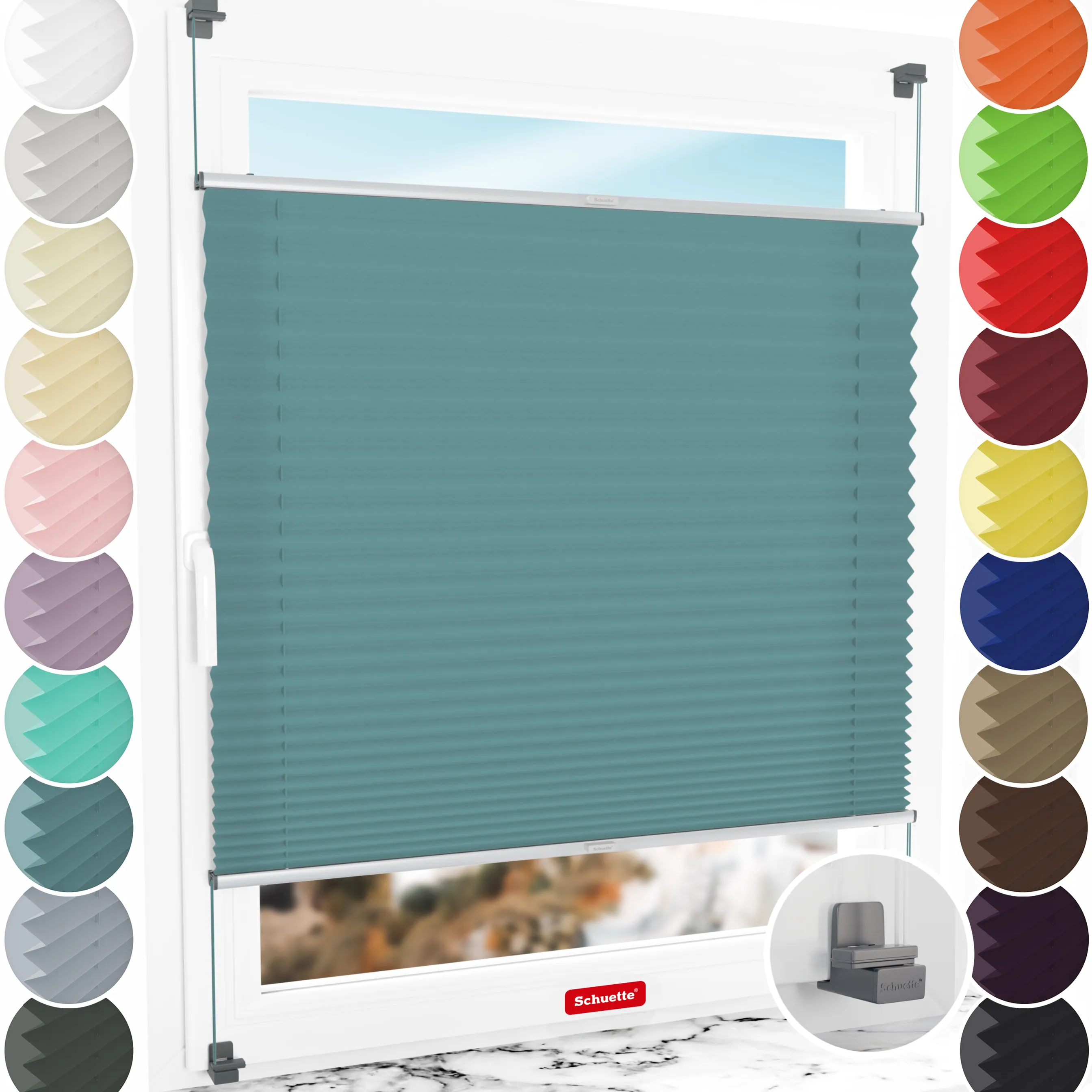 Schuette® Plissee ohne Bohren nach Maß • Suprafix Klemmhalter "X" • Premium Kollektion: Cove Calm (Taubenblau) • Profilfarbe: Silber