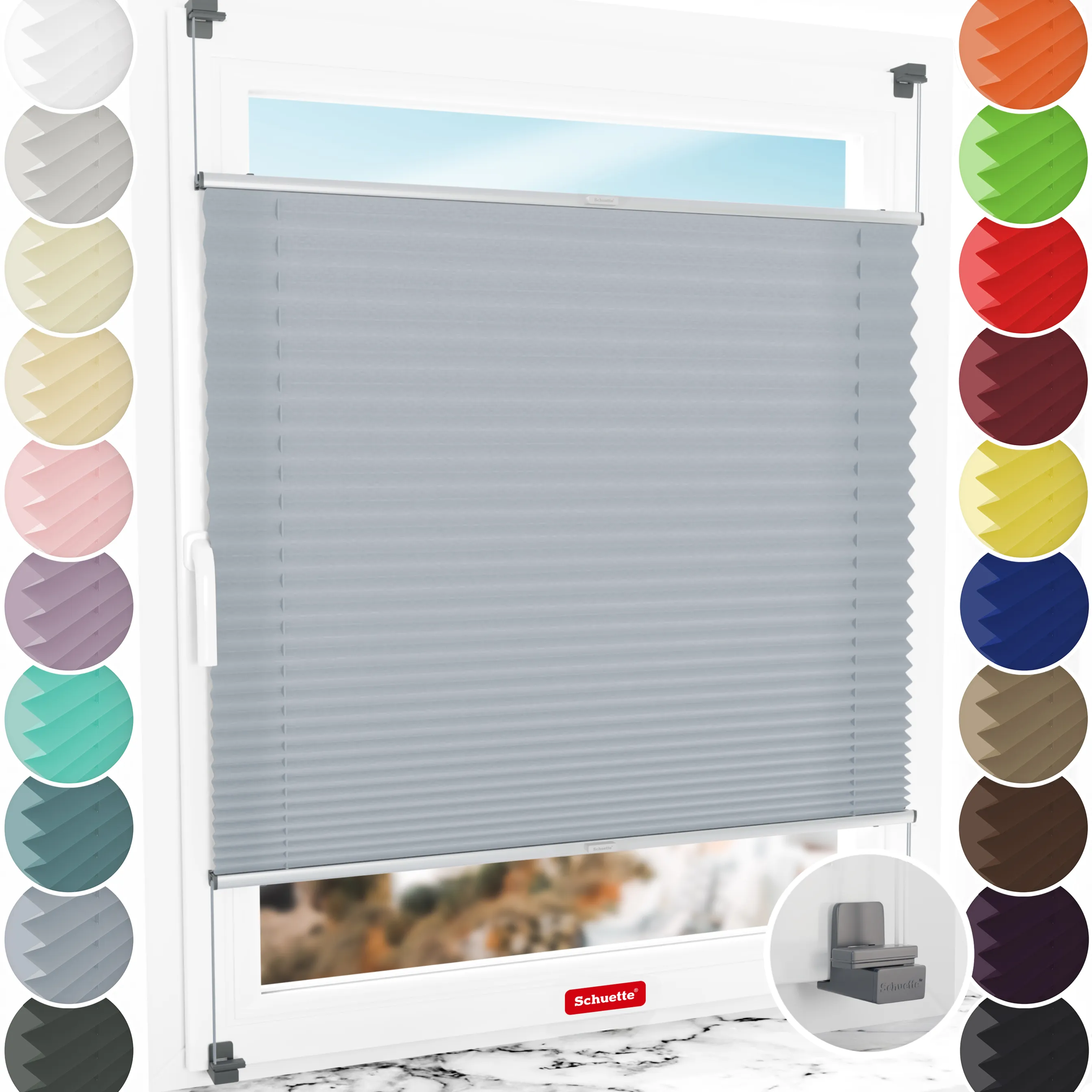 Schuette® Plissee ohne Bohren nach Maß • Suprafix Klemmhalter "X" • Premium Kollektion: Silver Sonata (Grau) • Profilfarbe: Silber