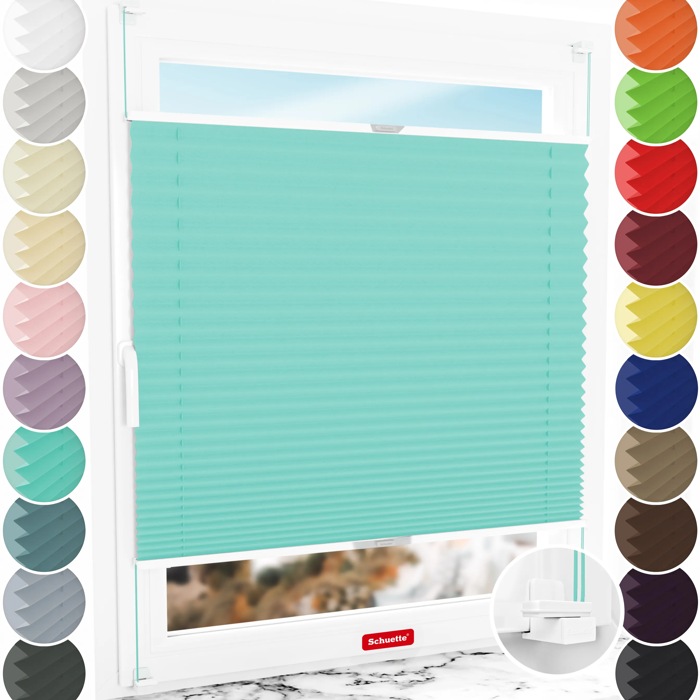 Schuette® Plissee ohne Bohren nach Maß • Suprafix Klemmhalter "X" • Thermo Kollektion: Tide Tune (Türkis) • Profilfarbe: Silber