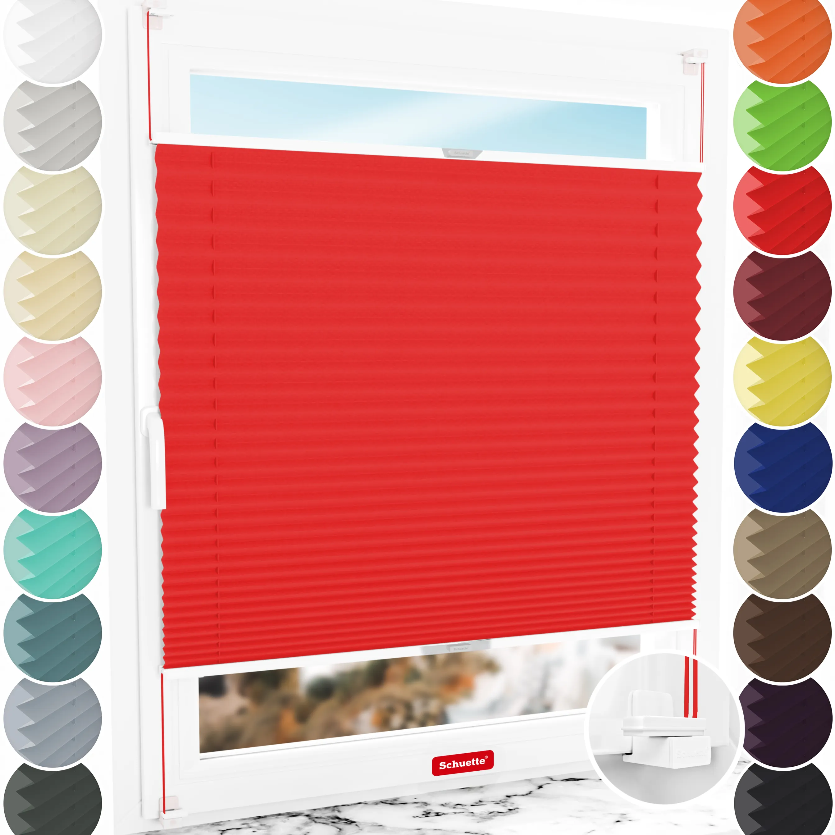 Schuette® Plissee ohne Bohren nach Maß • Suprafix Klemmhalter "X" • Thermo Kollektion: Cherry Charm (Rot) • Profilfarbe: Silber