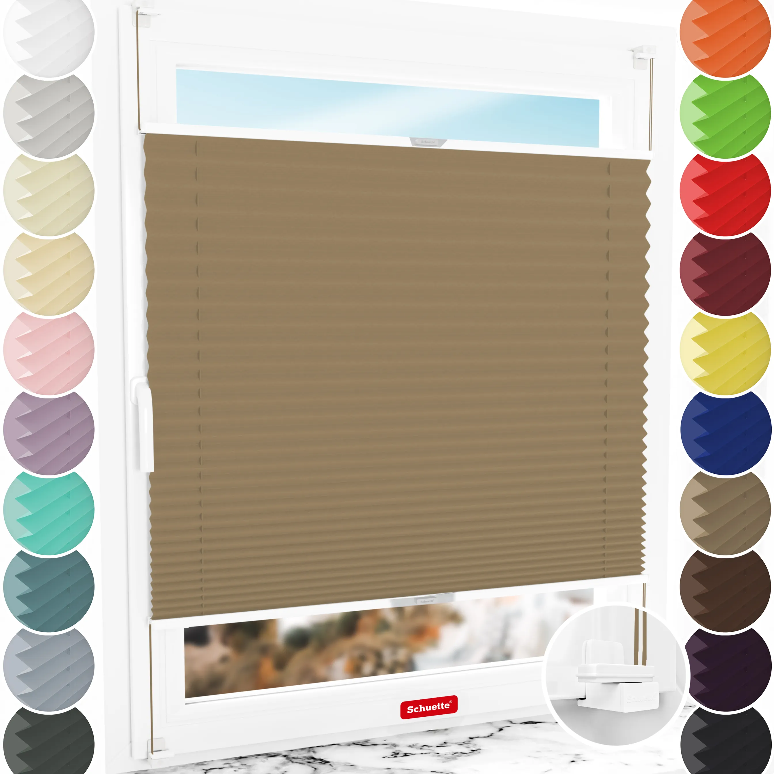 Schuette® Plissee ohne Bohren nach Maß • Suprafix Klemmhalter "X" • Thermo Kollektion: Mocha Dream (Hellbraun) • Profilfarbe: Silber