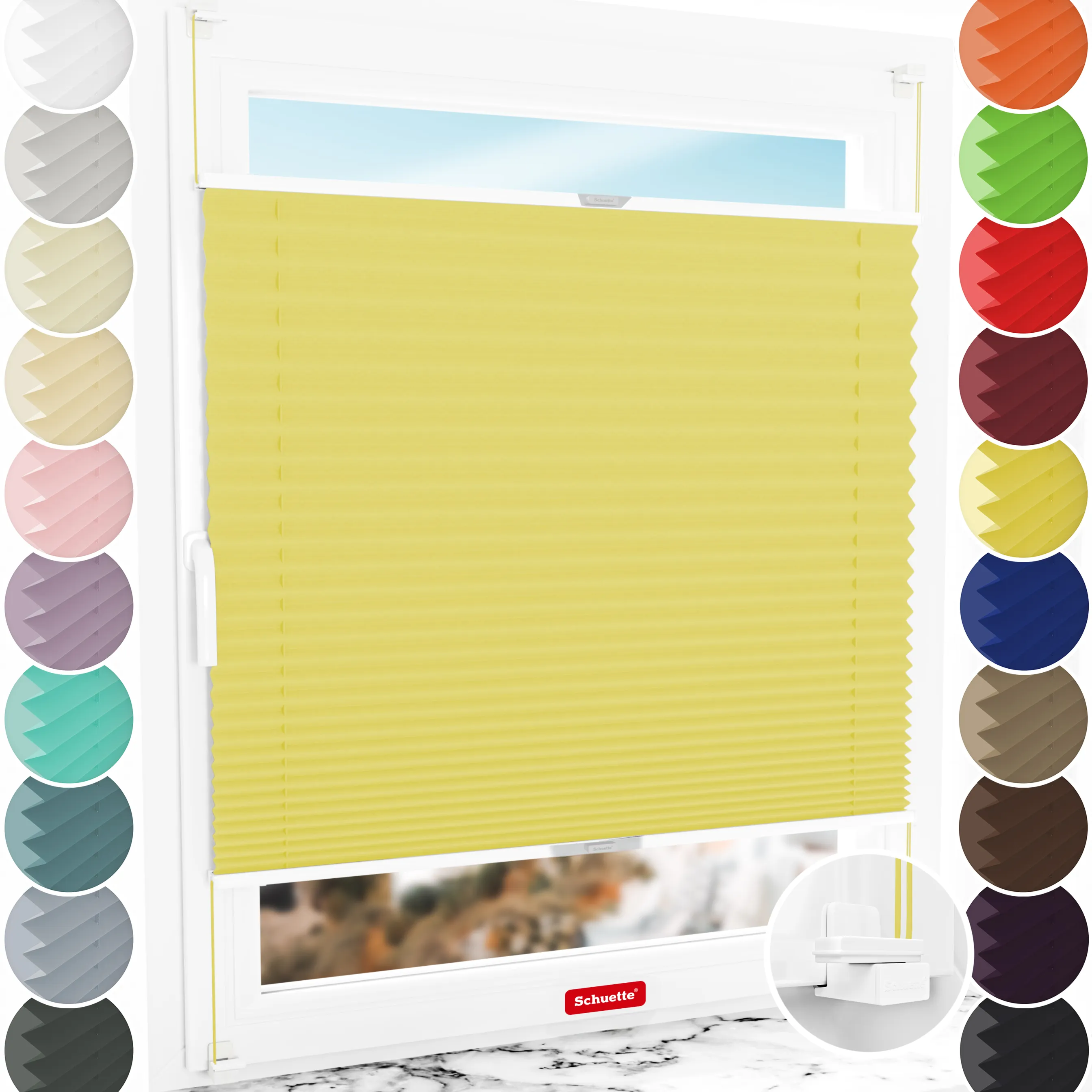 Schuette® Plissee ohne Bohren nach Maß • Suprafix Klemmhalter "X" • Thermo Kollektion: Sunflower (Gelb) • Profilfarbe: Silber