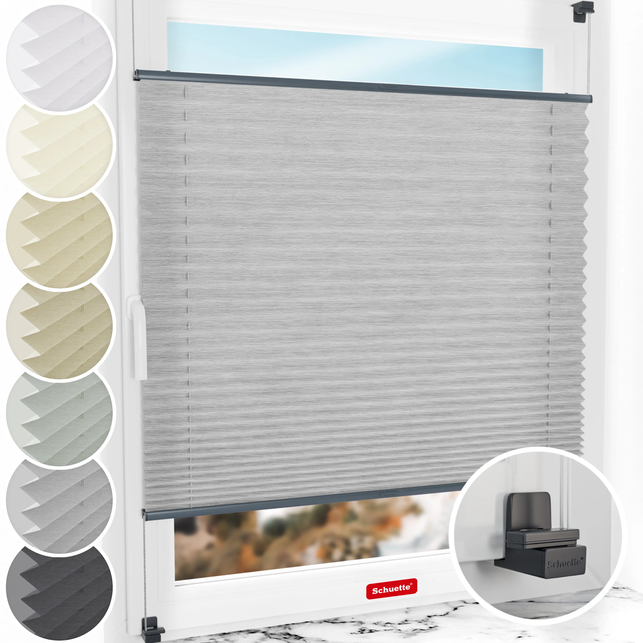 Schuette® Plissee ohne Bohren nach Maß • Suprafix Klemmhalter "X" • Dolomite Kollektion: Storm Gray (Grau) • Profilfarbe: Anthrazit