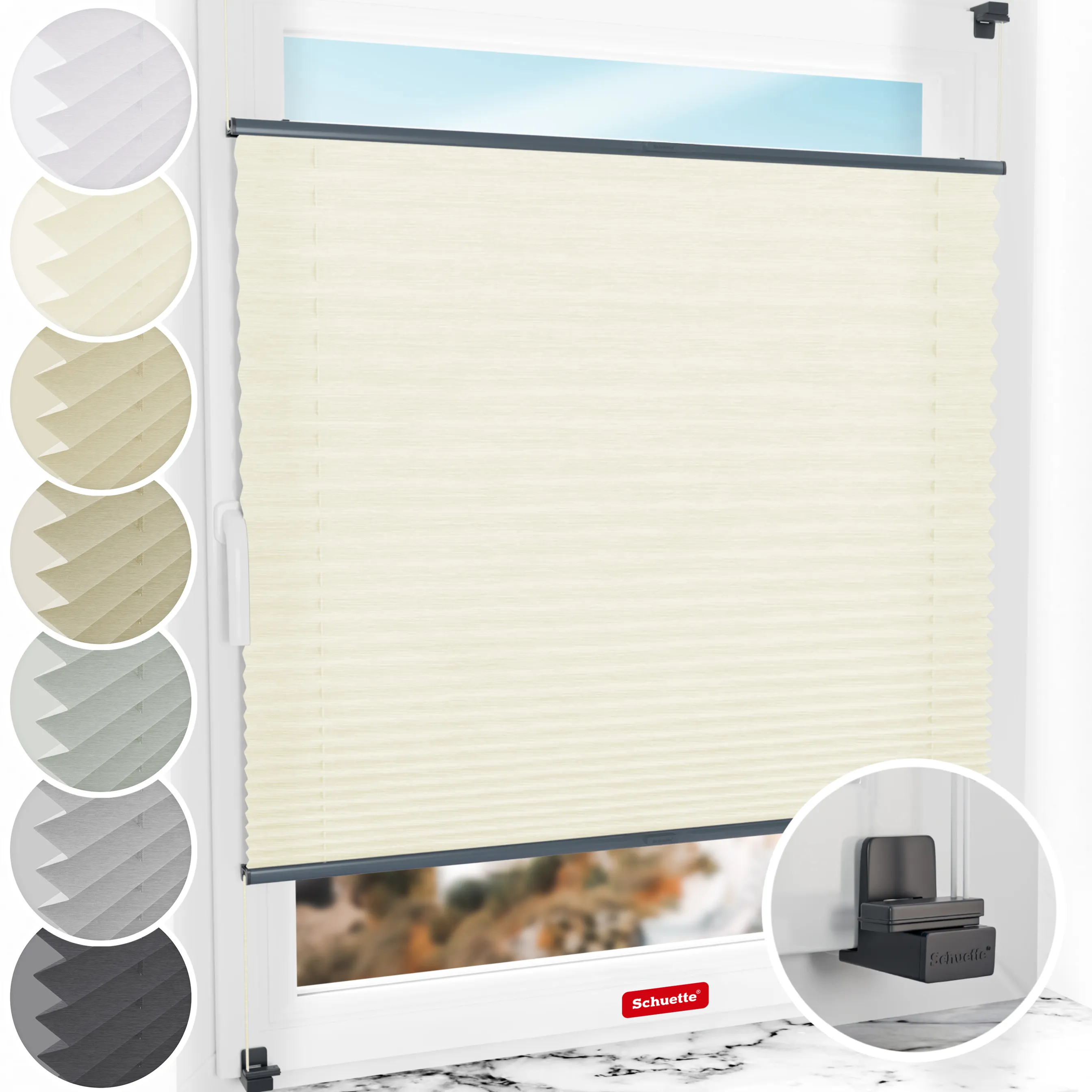 Schuette® Plissee ohne Bohren nach Maß • Suprafix Klemmhalter "X" • Dolomite Kollektion: Vanilla Sky (Beige) • Profilfarbe: Anthrazit