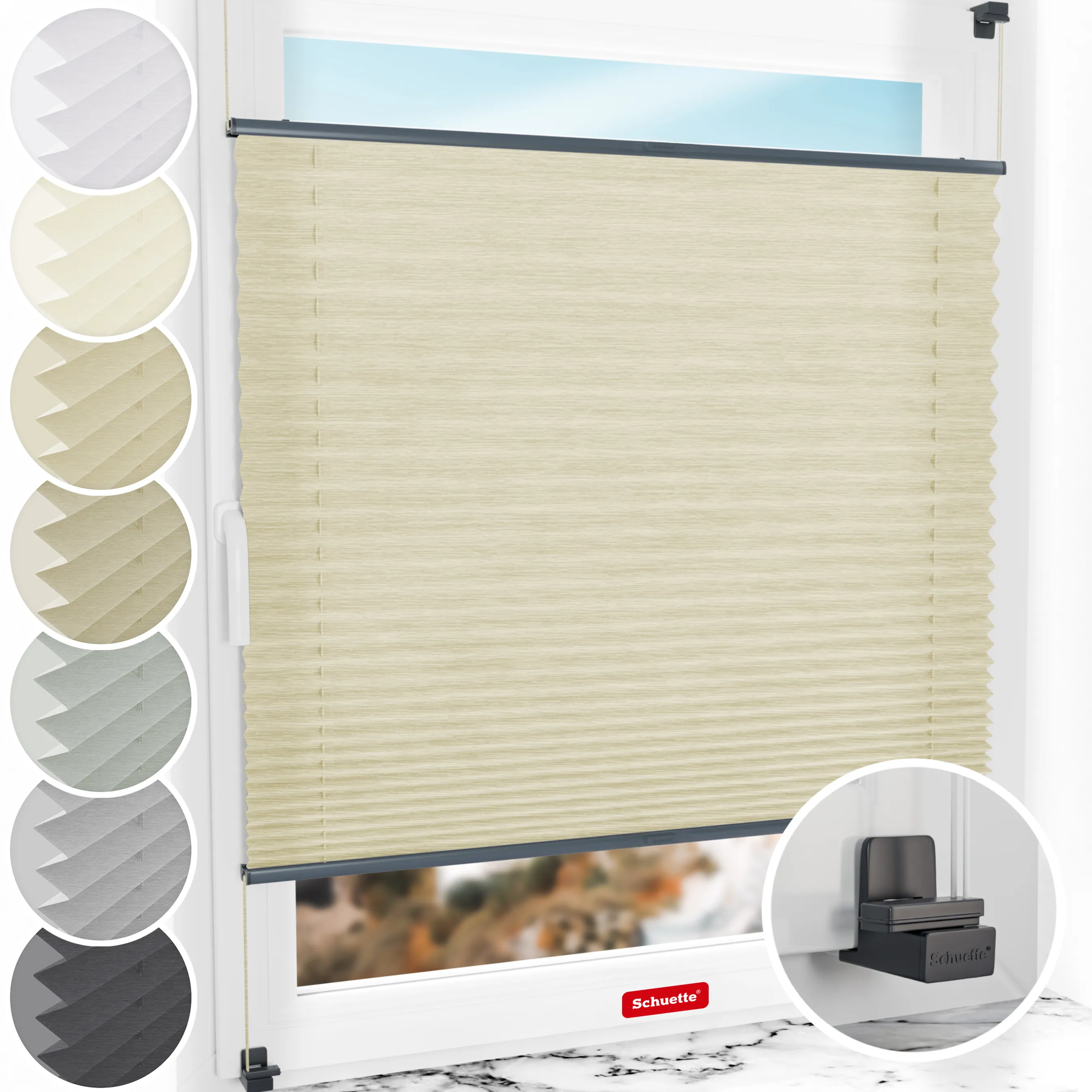 Schuette® Plissee ohne Bohren nach Maß • Suprafix Klemmhalter "X" • Dolomite Kollektion: Wet Stand (Beige) • Profilfarbe: Anthrazit