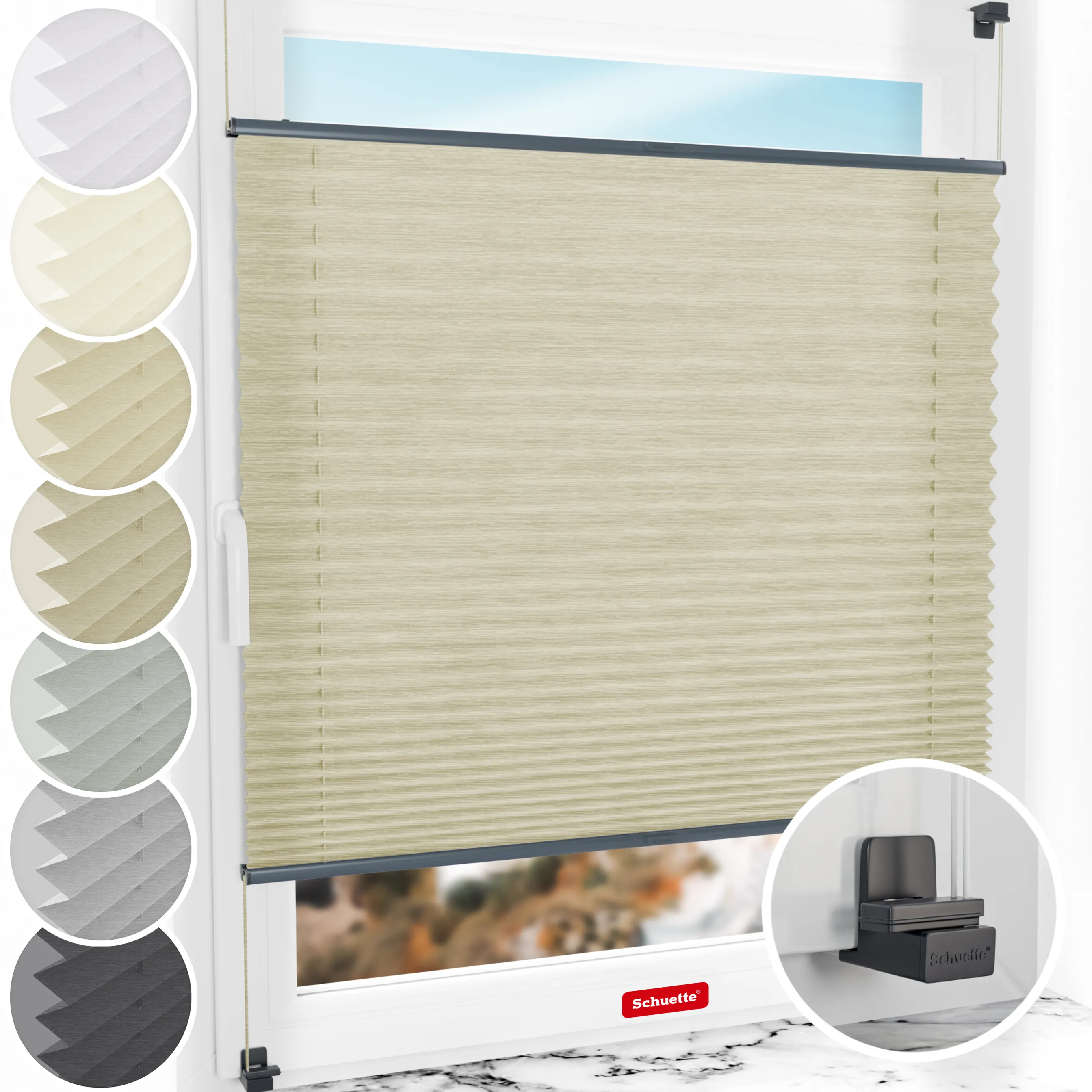 Schuette® Plissee ohne Bohren nach Maß • Suprafix Klemmhalter "X" • Dolomite Kollektion: Light Coffee (Beige) • Profilfarbe: Anthrazit