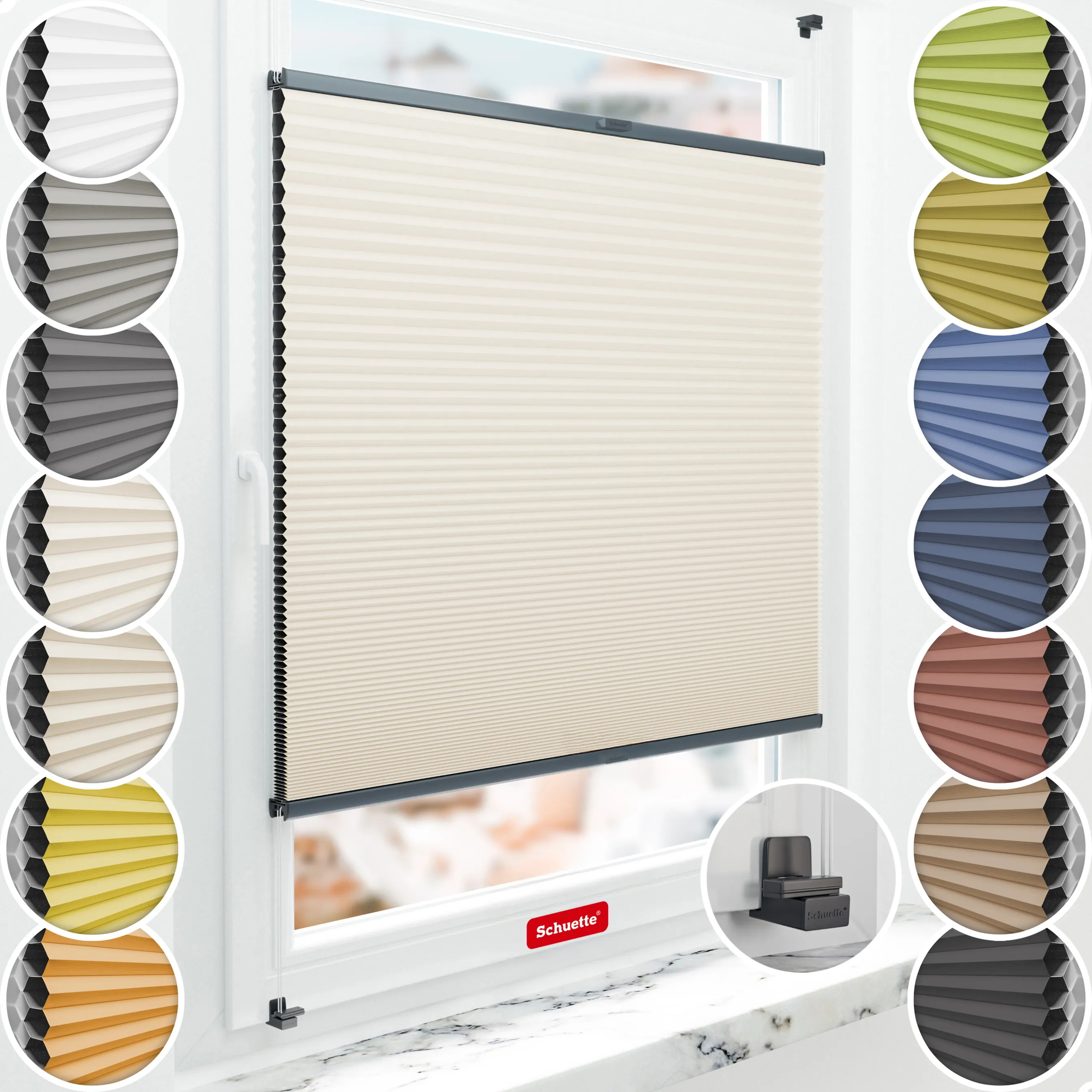 Schuette® Wabenplissee ohne Bohren nach Maß • Suprafix Klemmhalter "X" • Honey Kollektion: Calm Coast (Beige) • Profilfarbe: Anthrazit