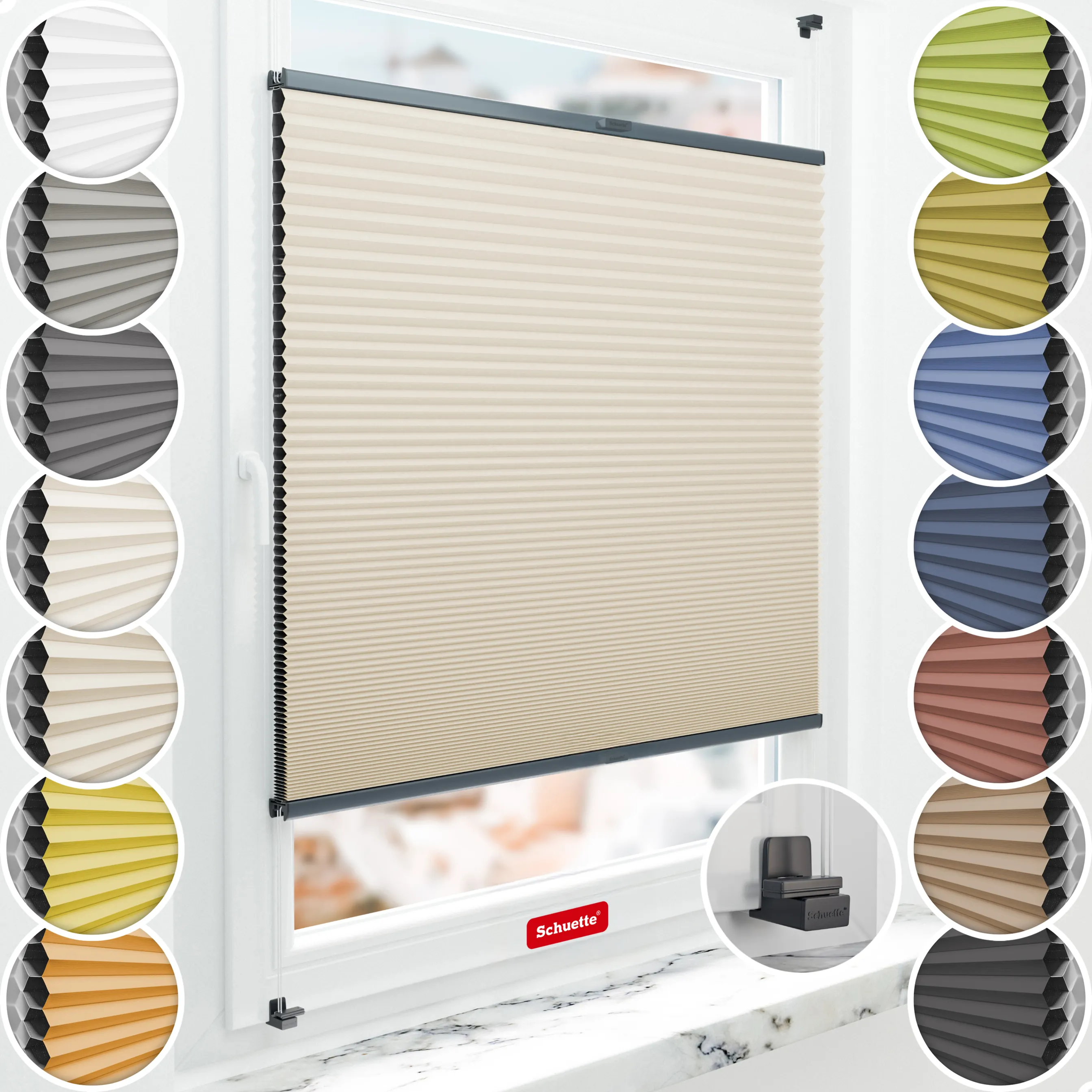 Schuette® Wabenplissee ohne Bohren nach Maß • Suprafix Klemmhalter "X" • Honey Kollektion: The Dune (Beige) • Profilfarbe: Anthrazit