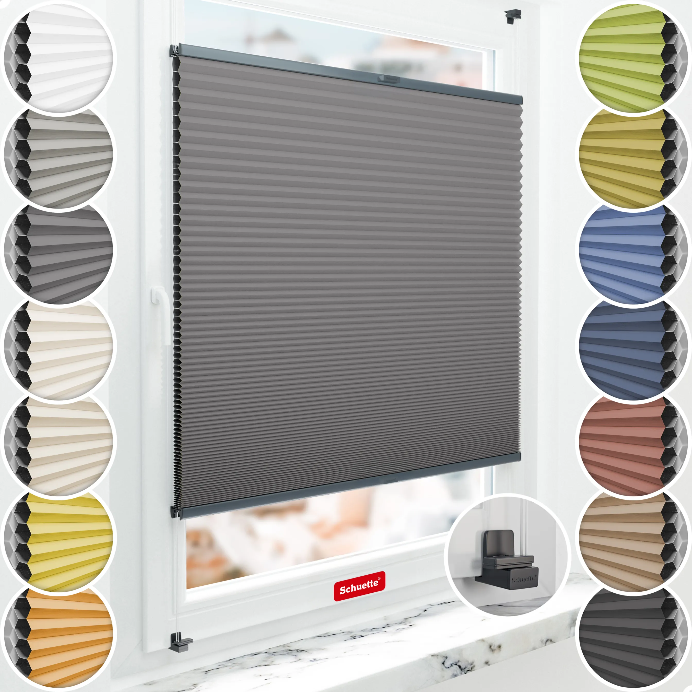 Schuette® Wabenplissee ohne Bohren nach Maß • Suprafix Klemmhalter "X" • Honey Kollektion: Twilight Tango (Grau) • Profilfarbe: Anthrazit