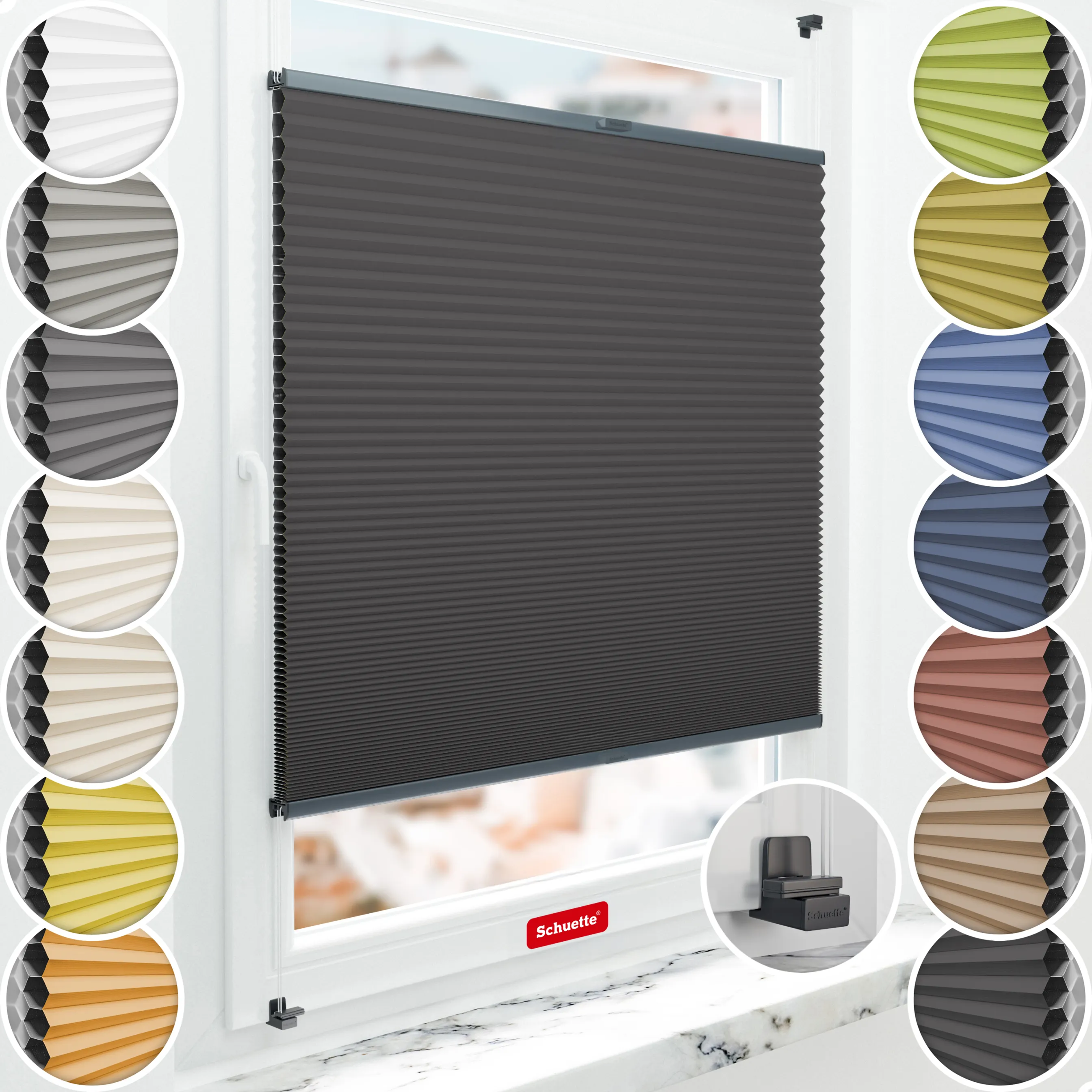 Schuette® Wabenplissee ohne Bohren nach Maß • Suprafix Klemmhalter "X" • Honey Kollektion: Starry Night (Schwarz) • Profilfarbe: Anthrazit