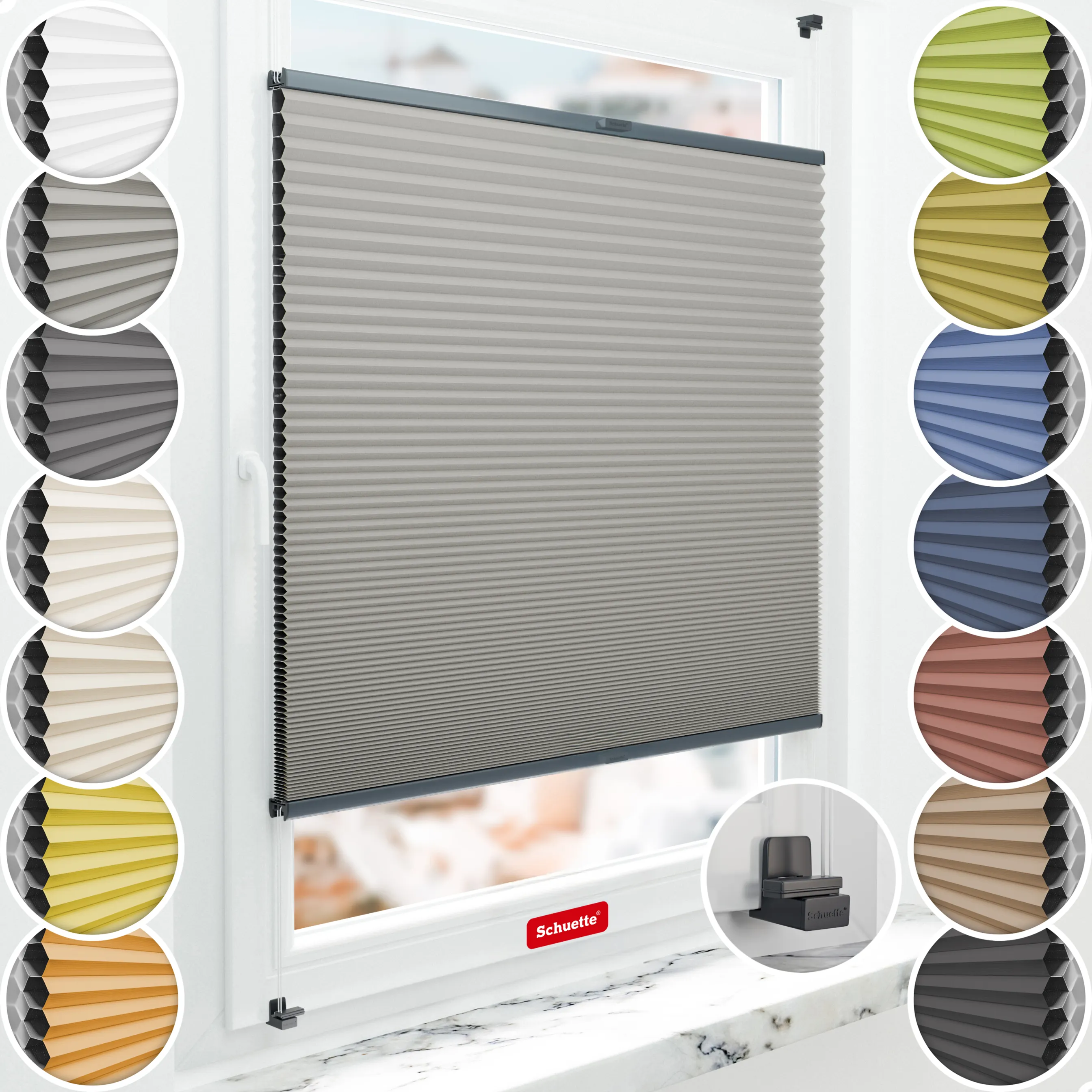 Schuette® Wabenplissee ohne Bohren nach Maß • Suprafix Klemmhalter "X" • Honey Kollektion: Silver Mist (Grau) • Profilfarbe: Anthrazit