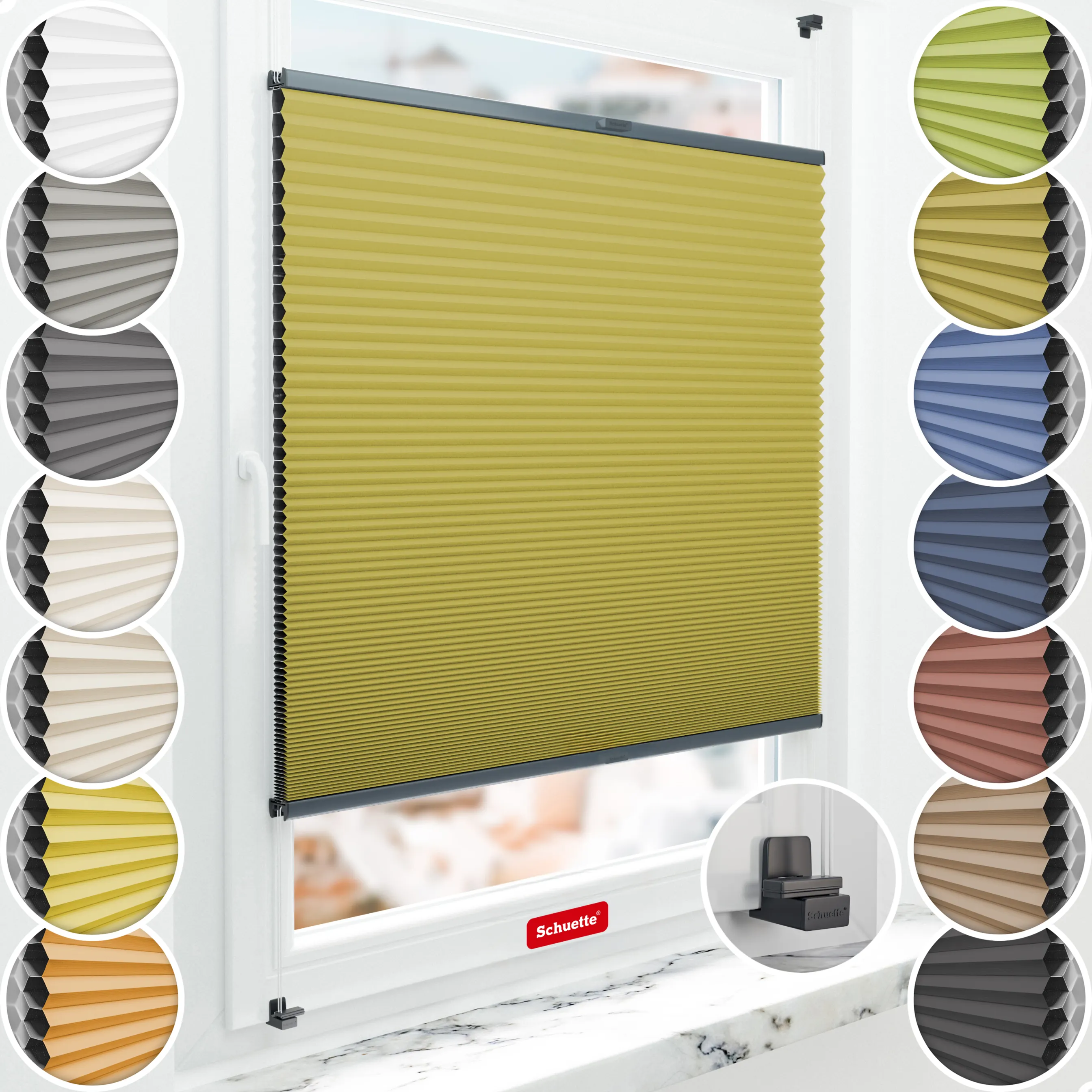 Schuette® Wabenplissee ohne Bohren nach Maß • Suprafix Klemmhalter "X" • Honey Kollektion: Olive Branch (Olivgrün) • Profilfarbe: Anthrazit