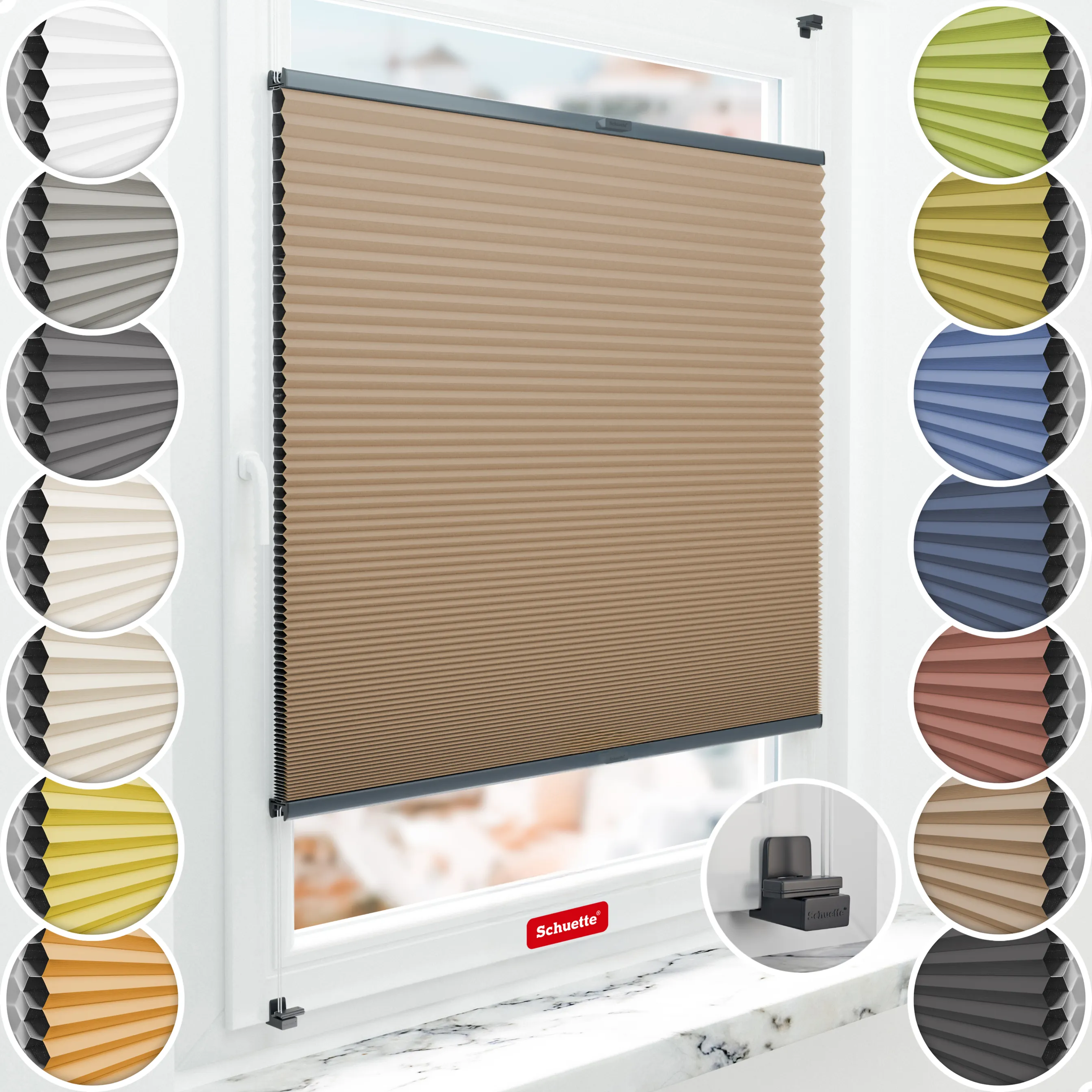 Schuette® Wabenplissee ohne Bohren nach Maß • Suprafix Klemmhalter "X" • Honey Kollektion: Maple Wood (Braun) • Profilfarbe: Anthrazit