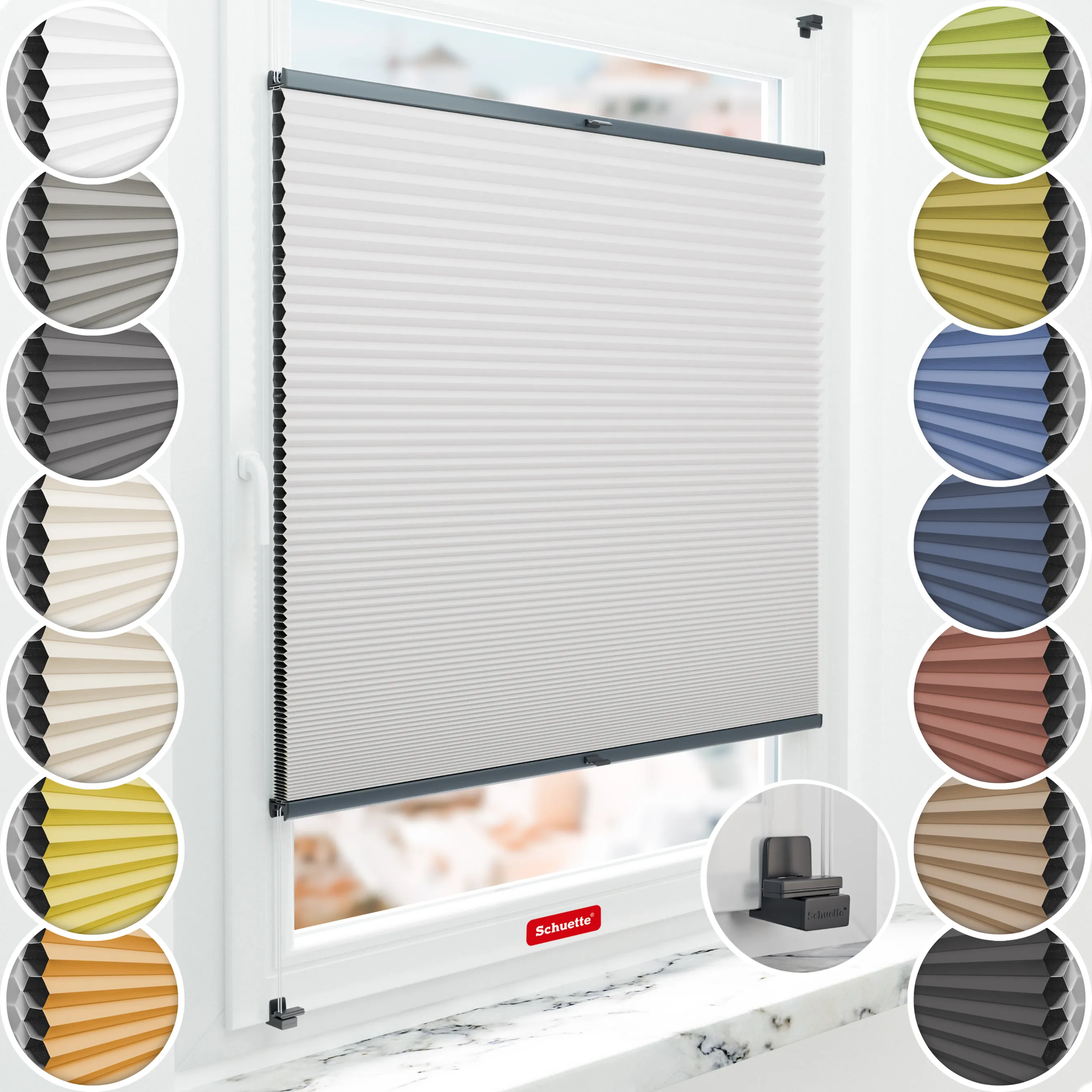 Schuette® Wabenplissee ohne Bohren nach Maß • Suprafix Klemmhalter "X" • Honey Kollektion: Gray-zy in Love (Pastellgrau) • Profilfarbe: Anthrazit