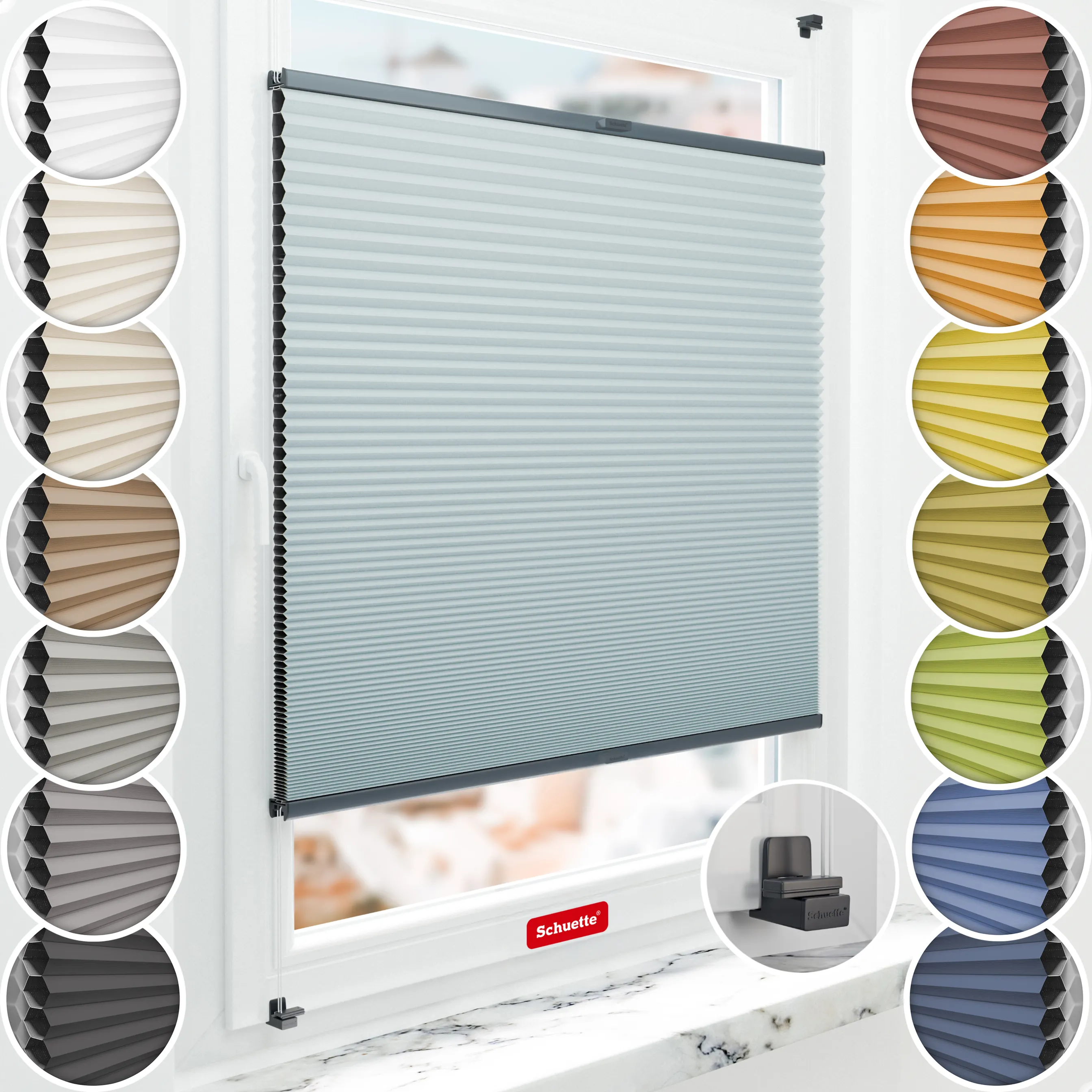 Schuette® Wabenplissee ohne Bohren nach Maß • Suprafix Klemmhalter "X" • Honey Kollektion: Cloud Nine (Pastellblau) • Profilfarbe: Anthrazit