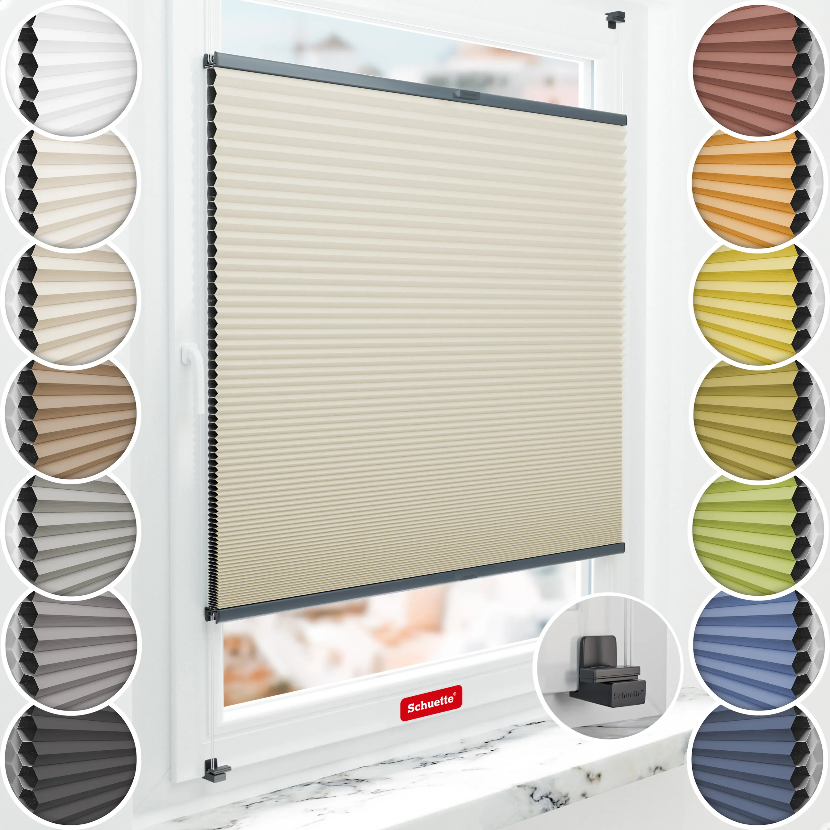 Schuette® Wabenplissee ohne Bohren nach Maß • Suprafix Klemmhalter "X" • Honey Kollektion: Belgian Waffle (Creme) • Profilfarbe: Anthrazit