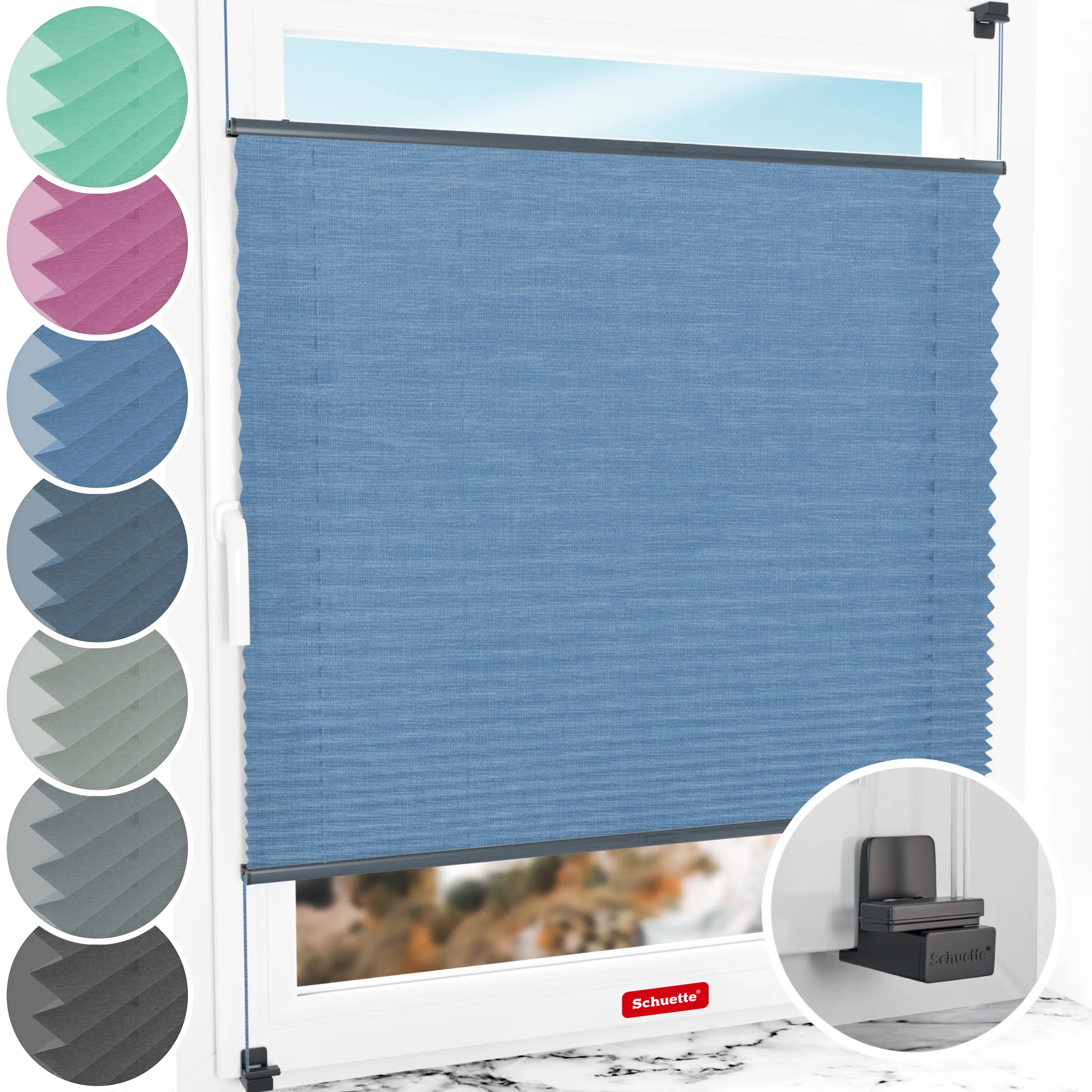 Schuette® Plissee ohne Bohren nach Maß • Suprafix Klemmhalter "X" • Melange Kollektion: Deep Sea (Blau) • Profilfarbe: Anthrazit