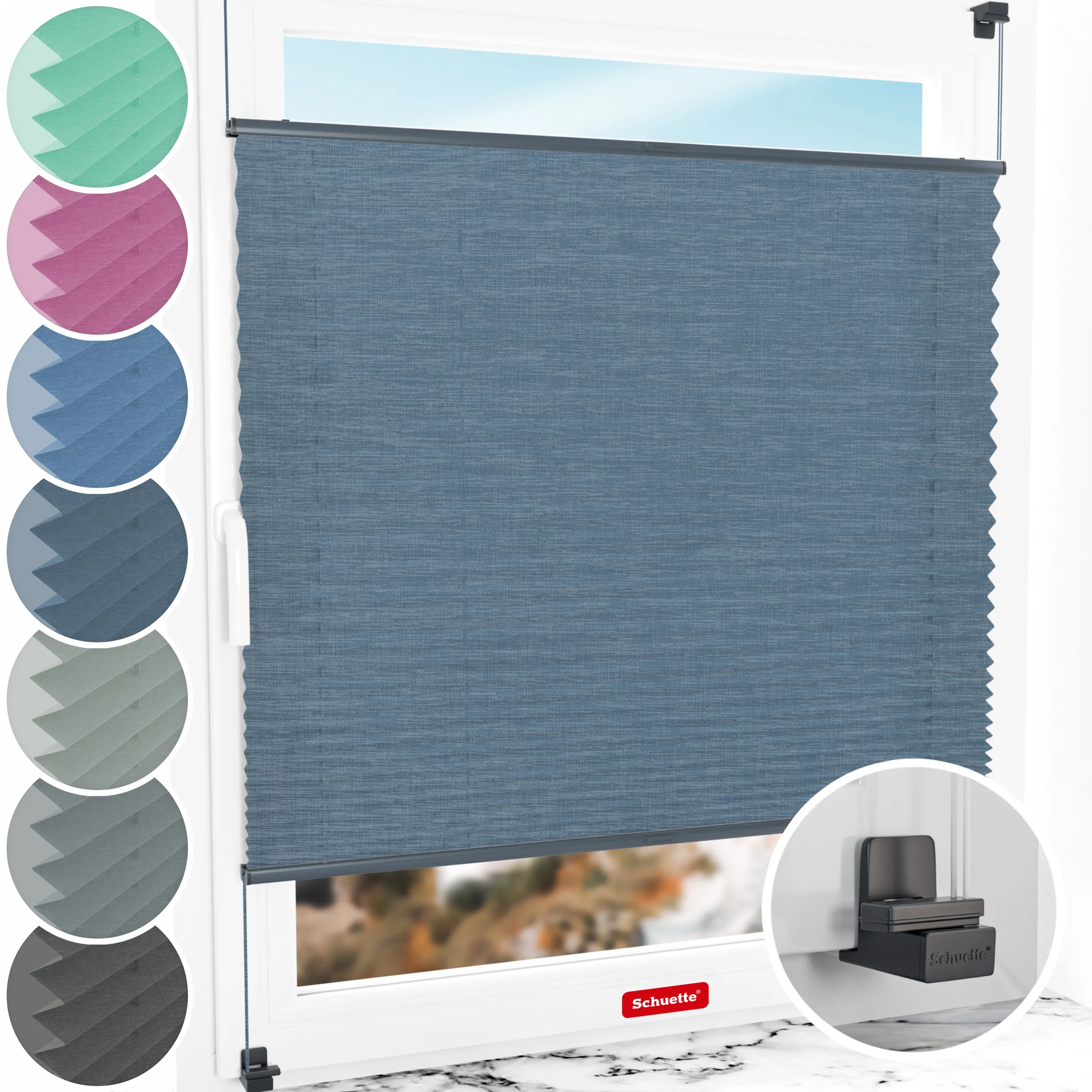 Schuette® Plissee ohne Bohren nach Maß • Suprafix Klemmhalter "X" • Melange Kollektion: After Rain (Blau) • Profilfarbe: Anthrazit