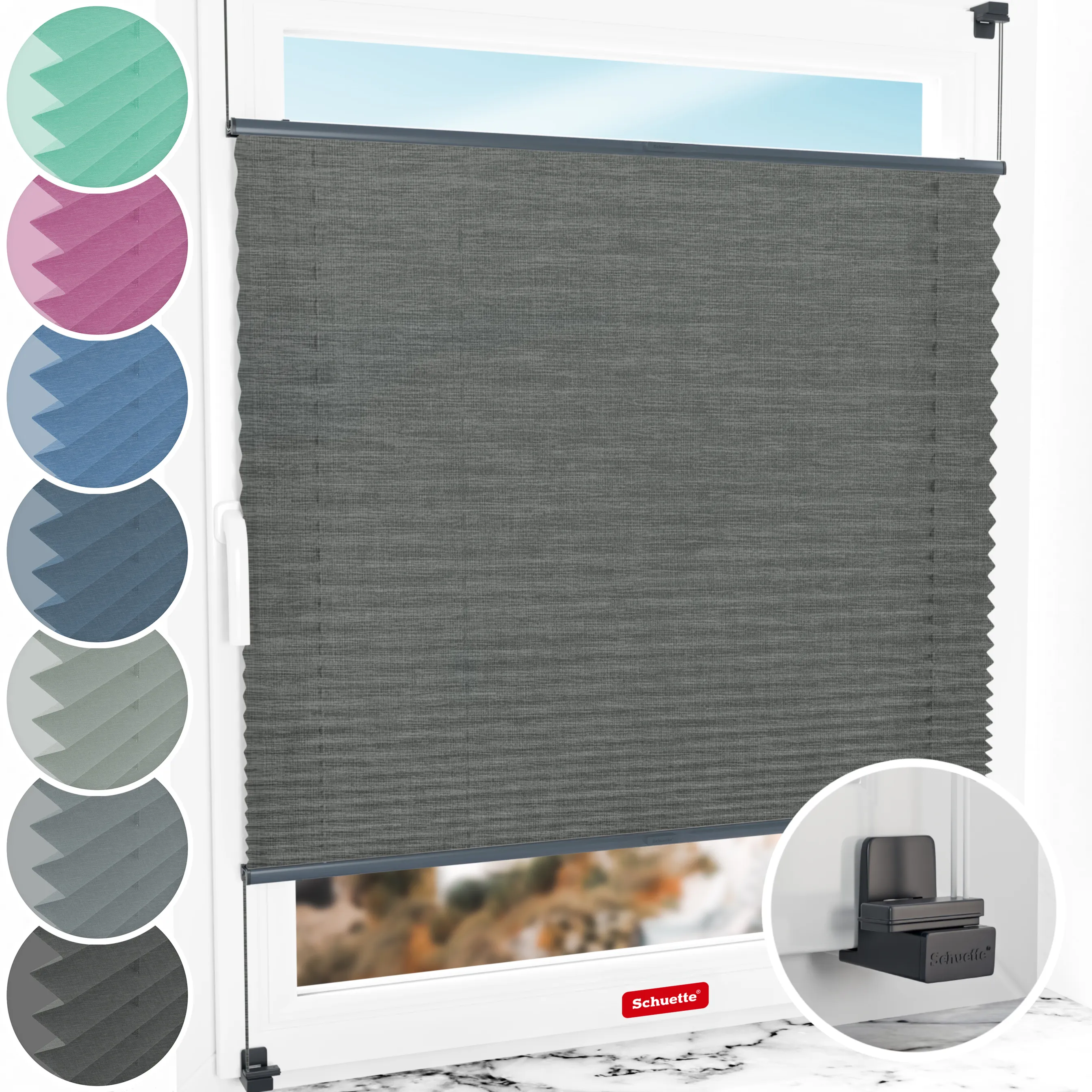 Schuette® Plissee ohne Bohren nach Maß • Suprafix Klemmhalter "X" • Melange Kollektion: Black Pearl (Schwarz) • Profilfarbe: Anthrazit