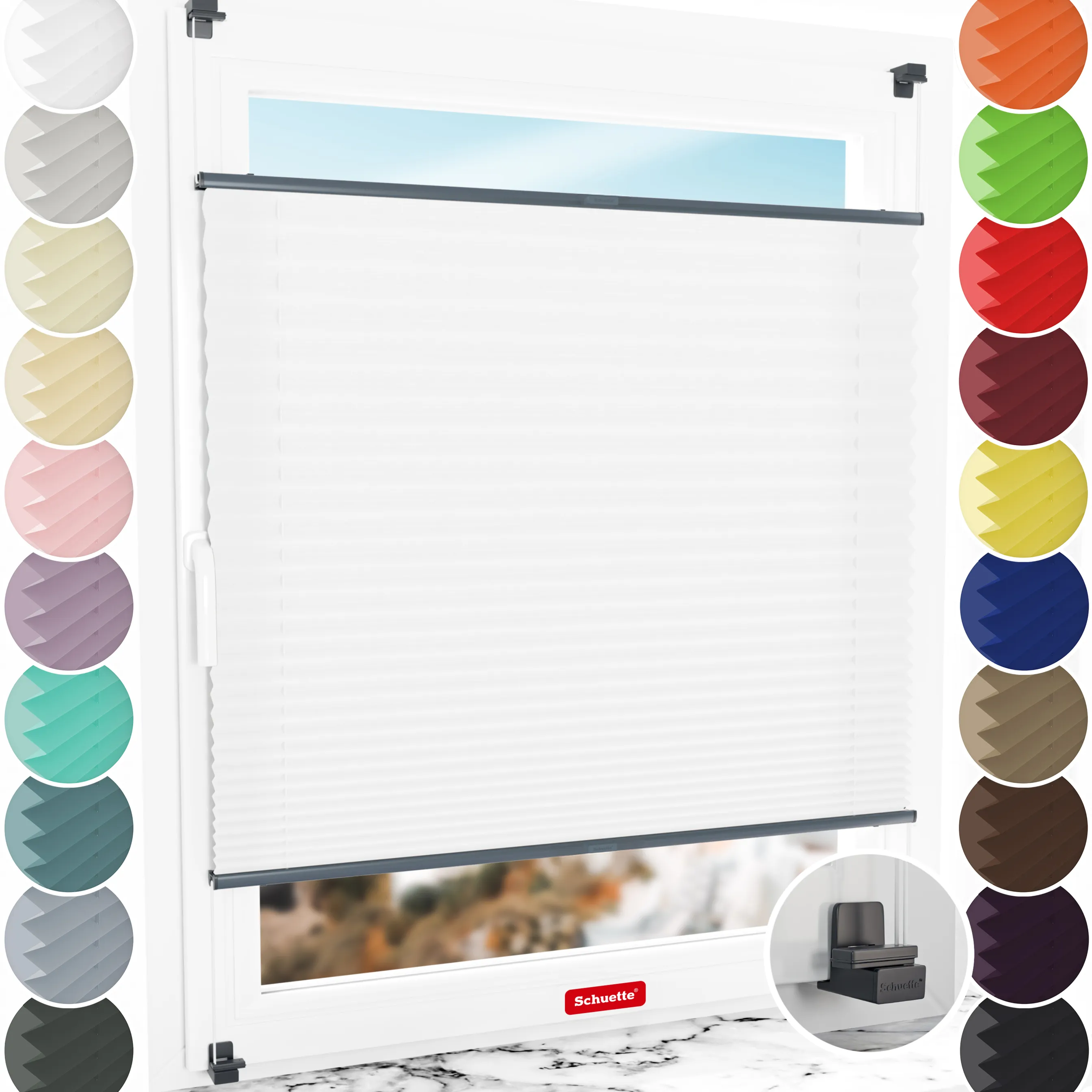 Schuette® Plissee ohne Bohren nach Maß • Suprafix Klemmhalter "X" • Premium Kollektion: White Day (Weiß) • Profilfarbe: Anthrazit