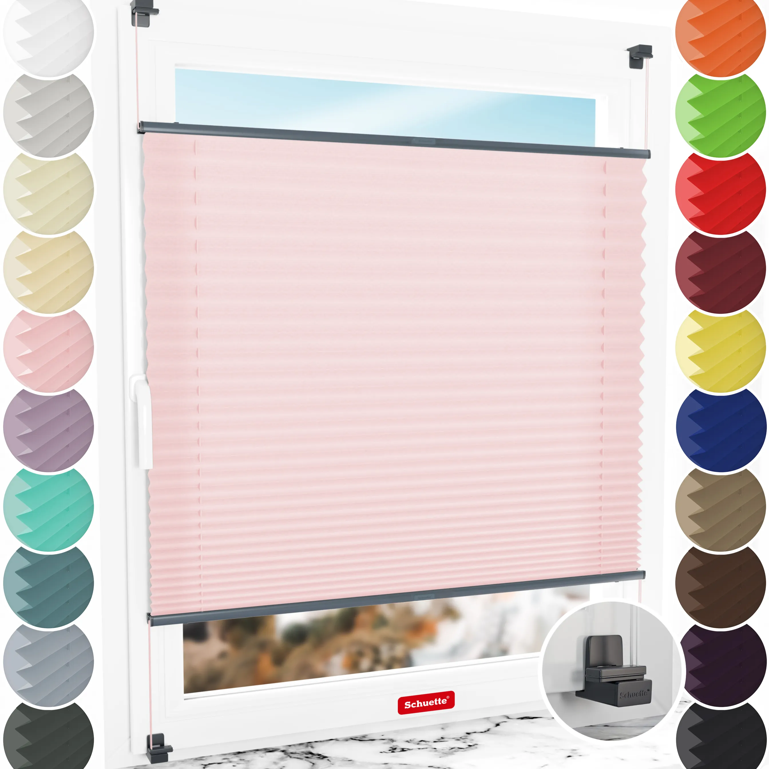 Schuette® Plissee ohne Bohren nach Maß • Suprafix Klemmhalter "X" • Premium Kollektion: Powdered Rose (Rosa) • Profilfarbe: Anthrazit