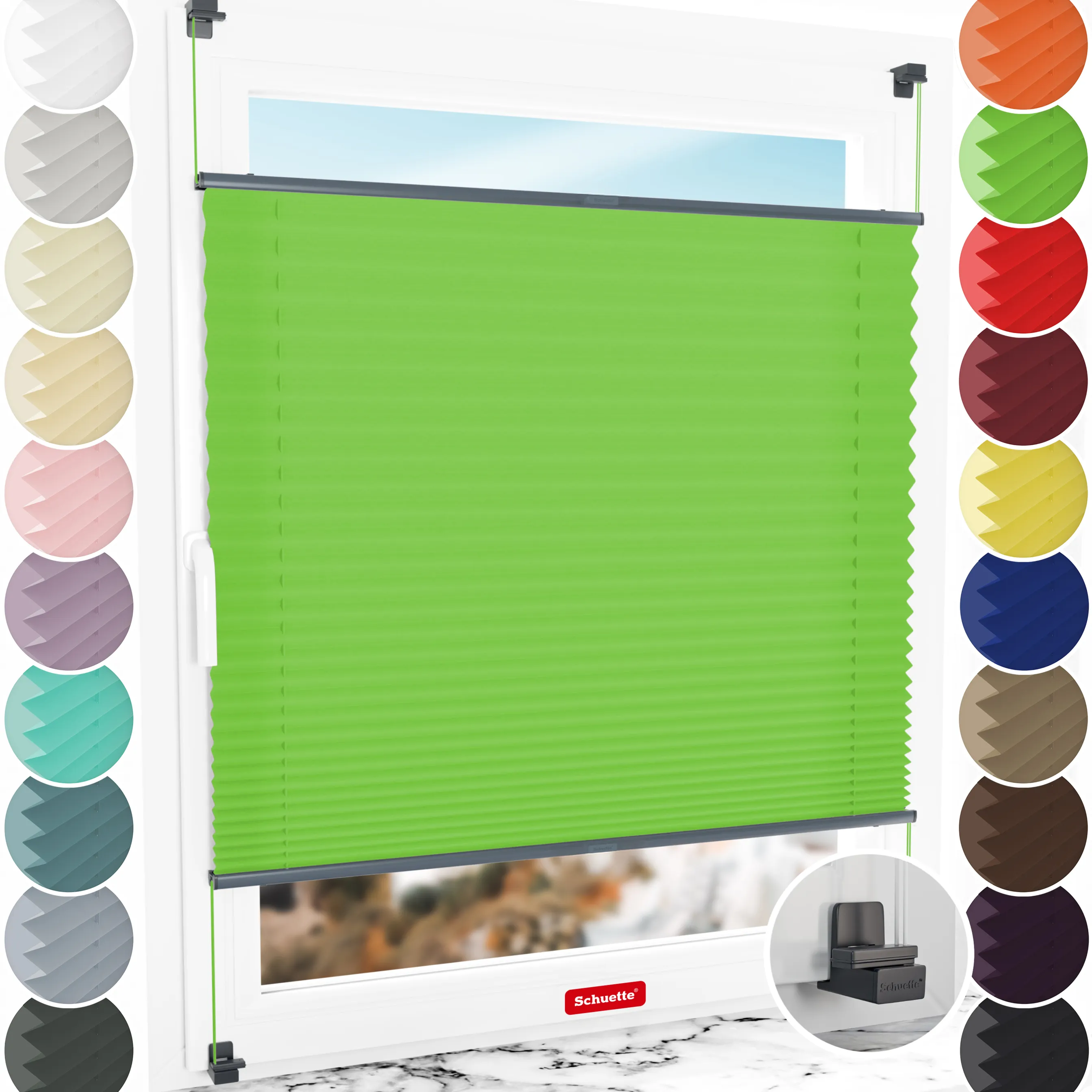 Schuette® Plissee ohne Bohren nach Maß • Suprafix Klemmhalter "X" • Premium Kollektion: Green Meadow (Grün) • Profilfarbe: Anthrazit