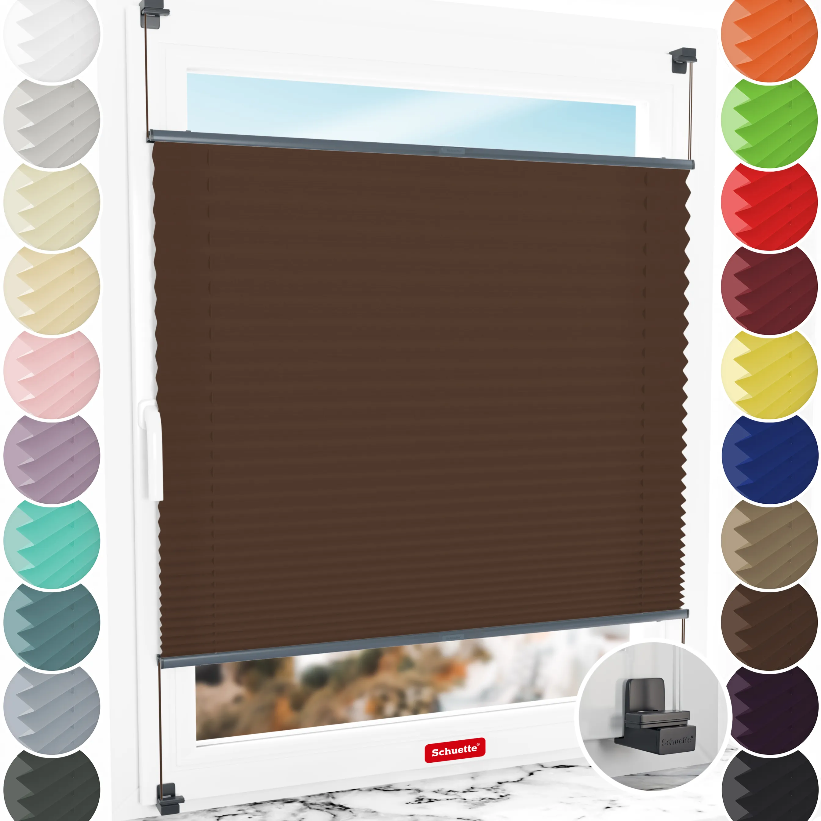 Schuette® Plissee ohne Bohren nach Maß • Suprafix Klemmhalter "X" • Premium Kollektion: Hot Chocolate (Dunkelbraun) • Profilfarbe: Anthrazit