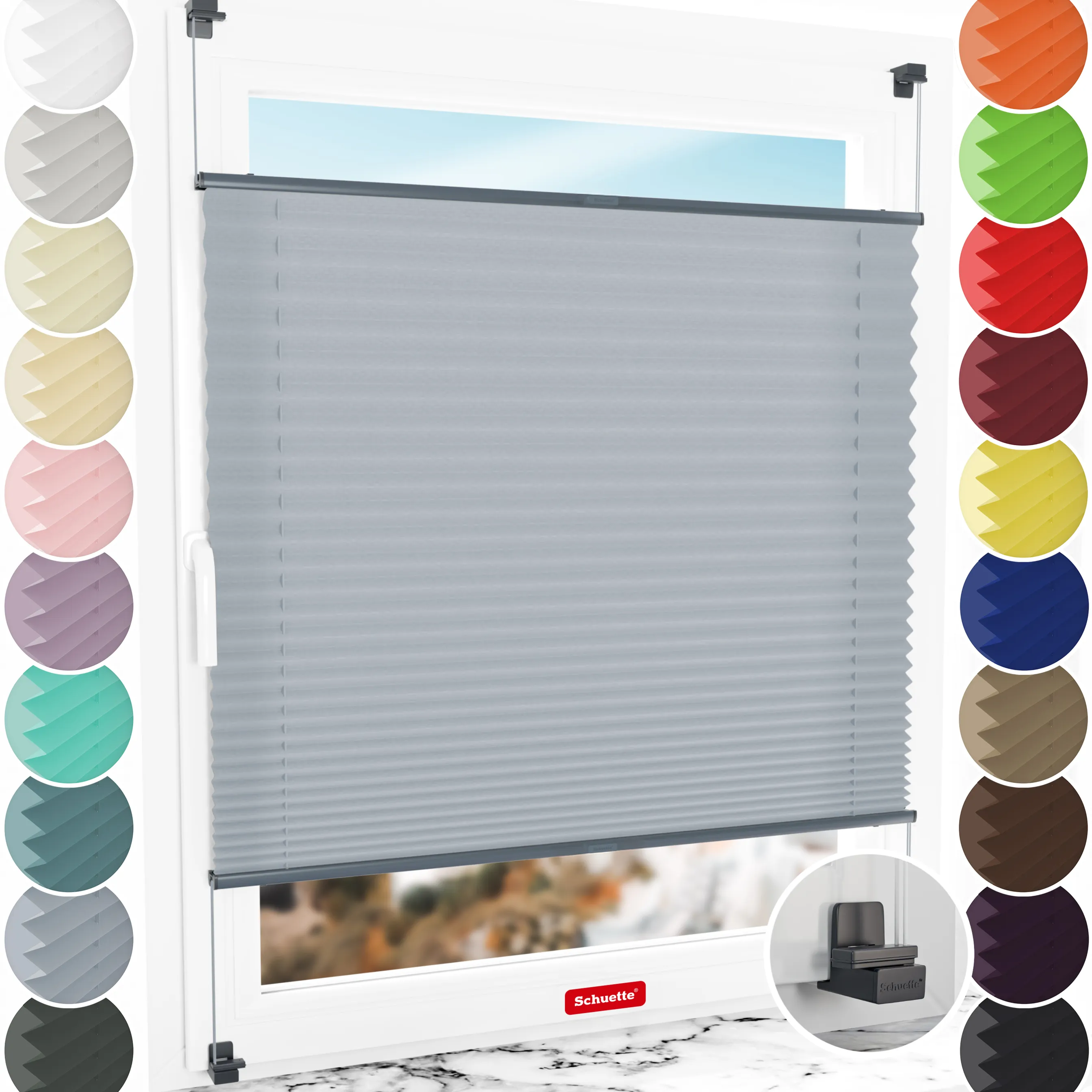 Schuette® Plissee ohne Bohren nach Maß • Suprafix Klemmhalter "X" • Premium Kollektion: Silver Sonata (Grau) • Profilfarbe: Anthrazit