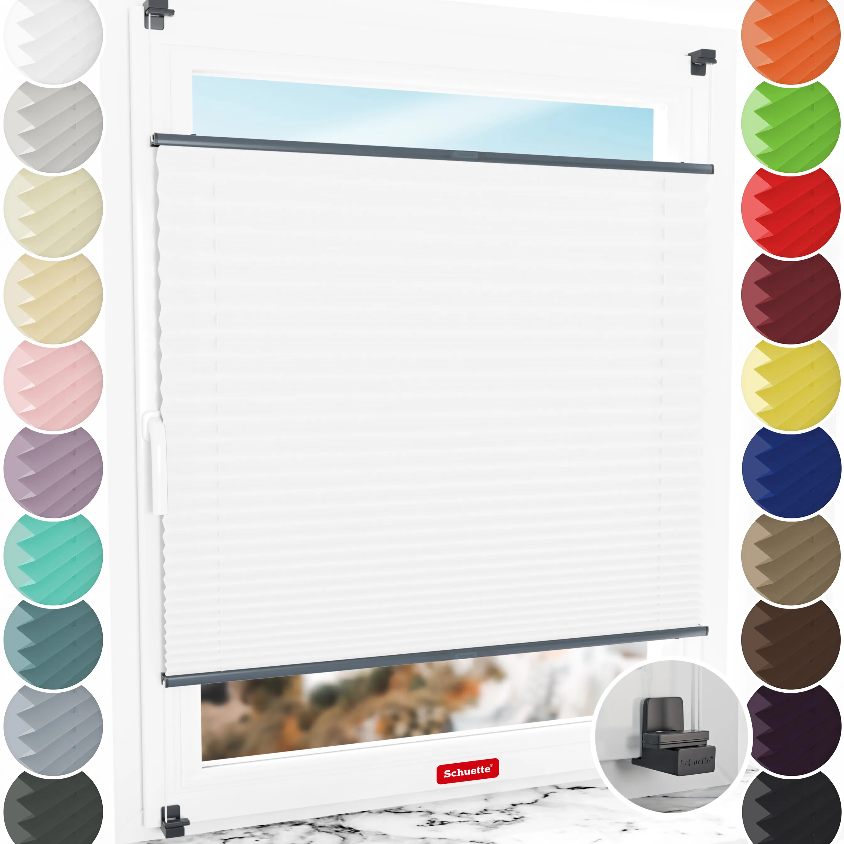 Schuette® Plissee ohne Bohren nach Maß • Suprafix Klemmhalter "X" • Thermo Kollektion: White Day (Weiß) • Profilfarbe: Anthrazit