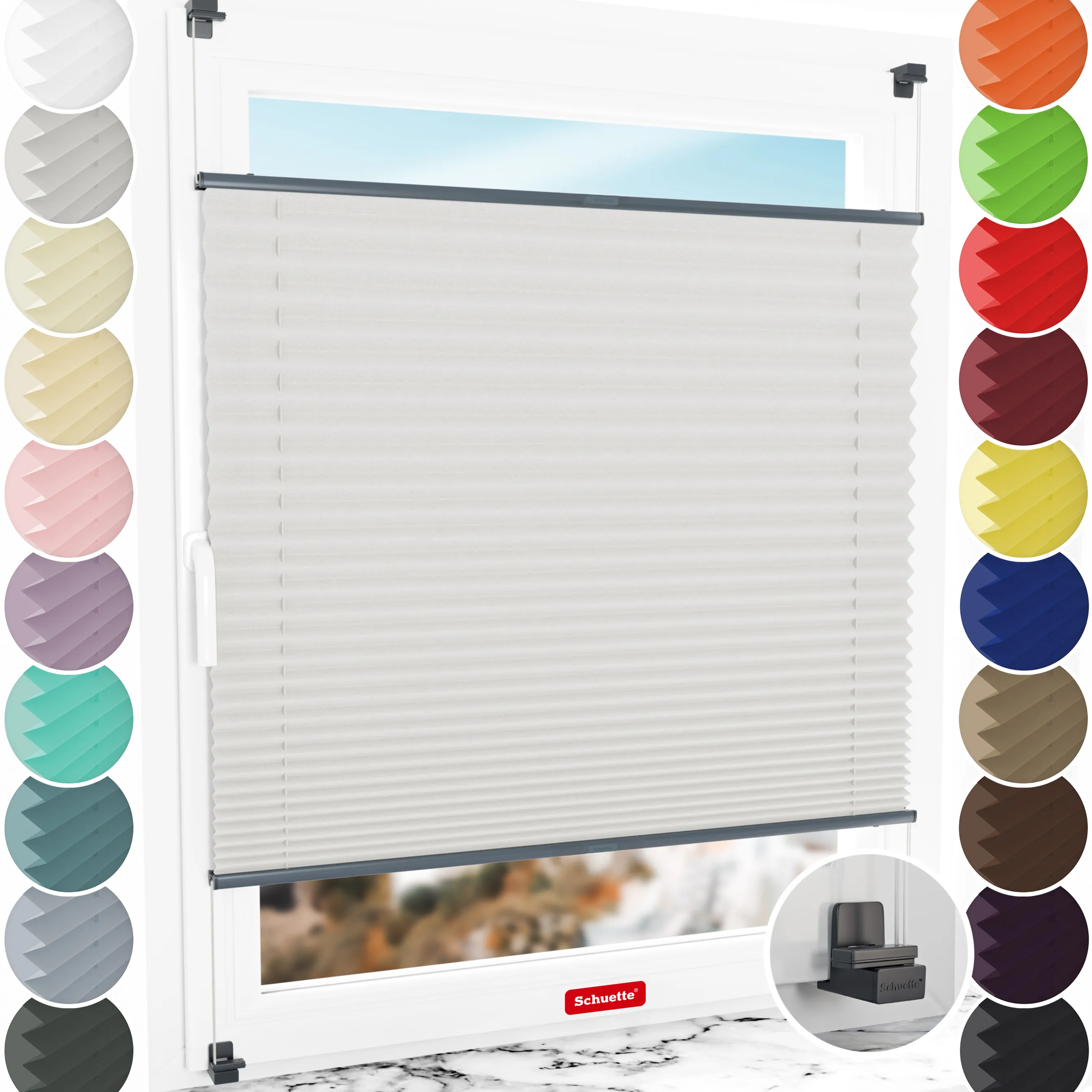 Schuette® Plissee ohne Bohren nach Maß • Suprafix Klemmhalter "X" • Thermo Kollektion: Spring Cloud (Grau) • Profilfarbe: Anthrazit