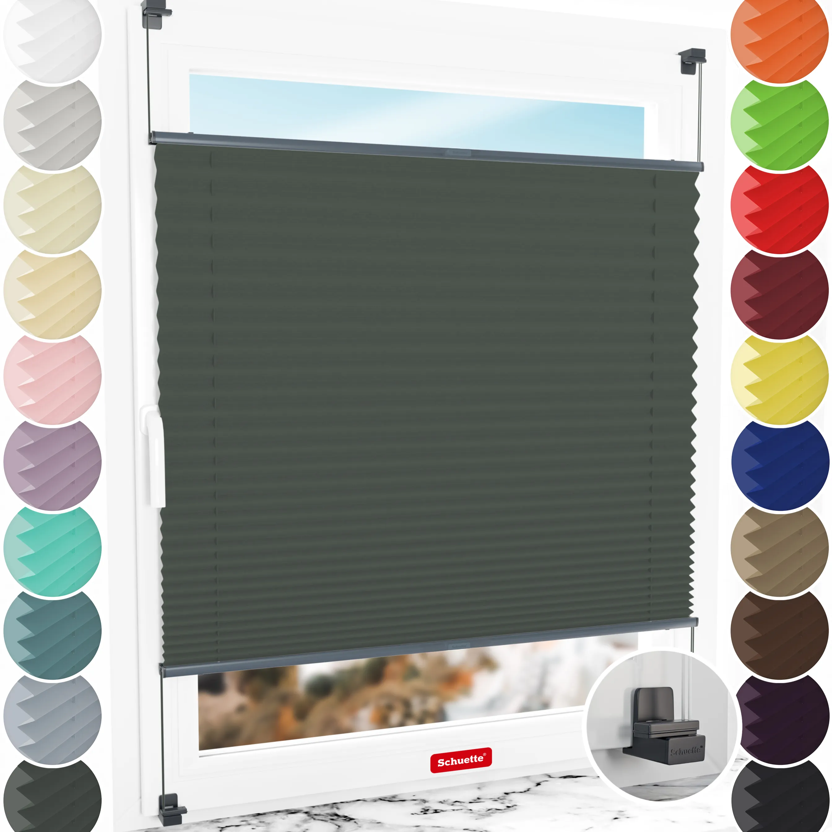 Schuette® Plissee ohne Bohren nach Maß • Suprafix Klemmhalter "X" • Thermo Kollektion: Before Storm (Grau) • Profilfarbe: Anthrazit