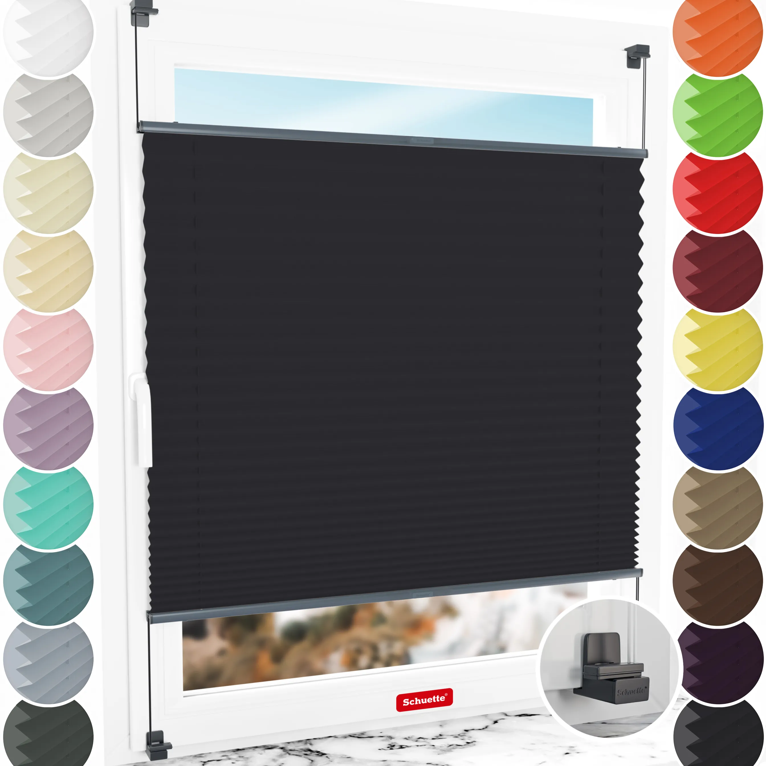 Schuette® Plissee ohne Bohren nach Maß • Suprafix Klemmhalter "X" • Thermo Kollektion: Dark Night (Schwarz) • Profilfarbe: Anthrazit