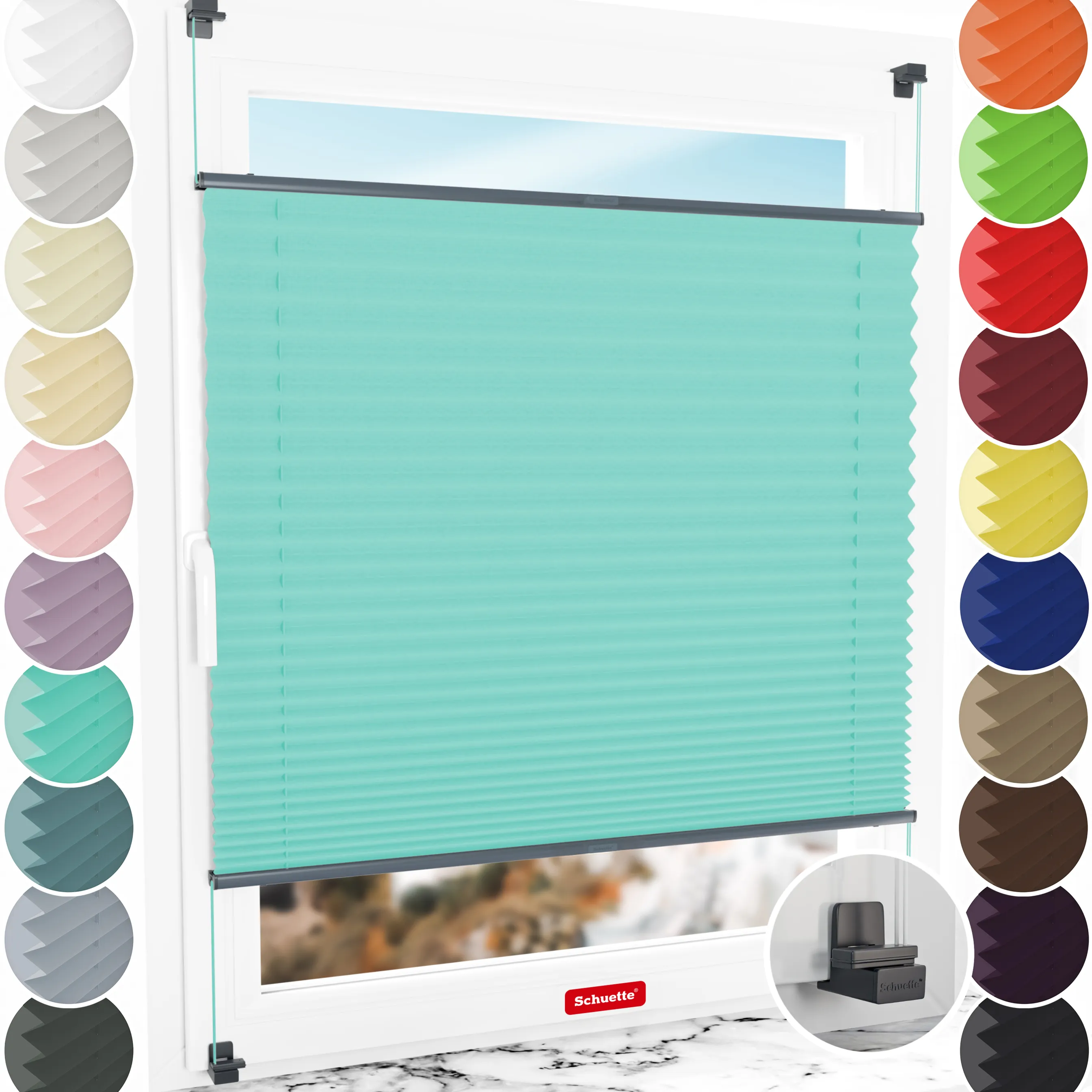 Schuette® Plissee ohne Bohren nach Maß • Suprafix Klemmhalter "X" • Thermo Kollektion: Tide Tune (Türkis) • Profilfarbe: Anthrazit