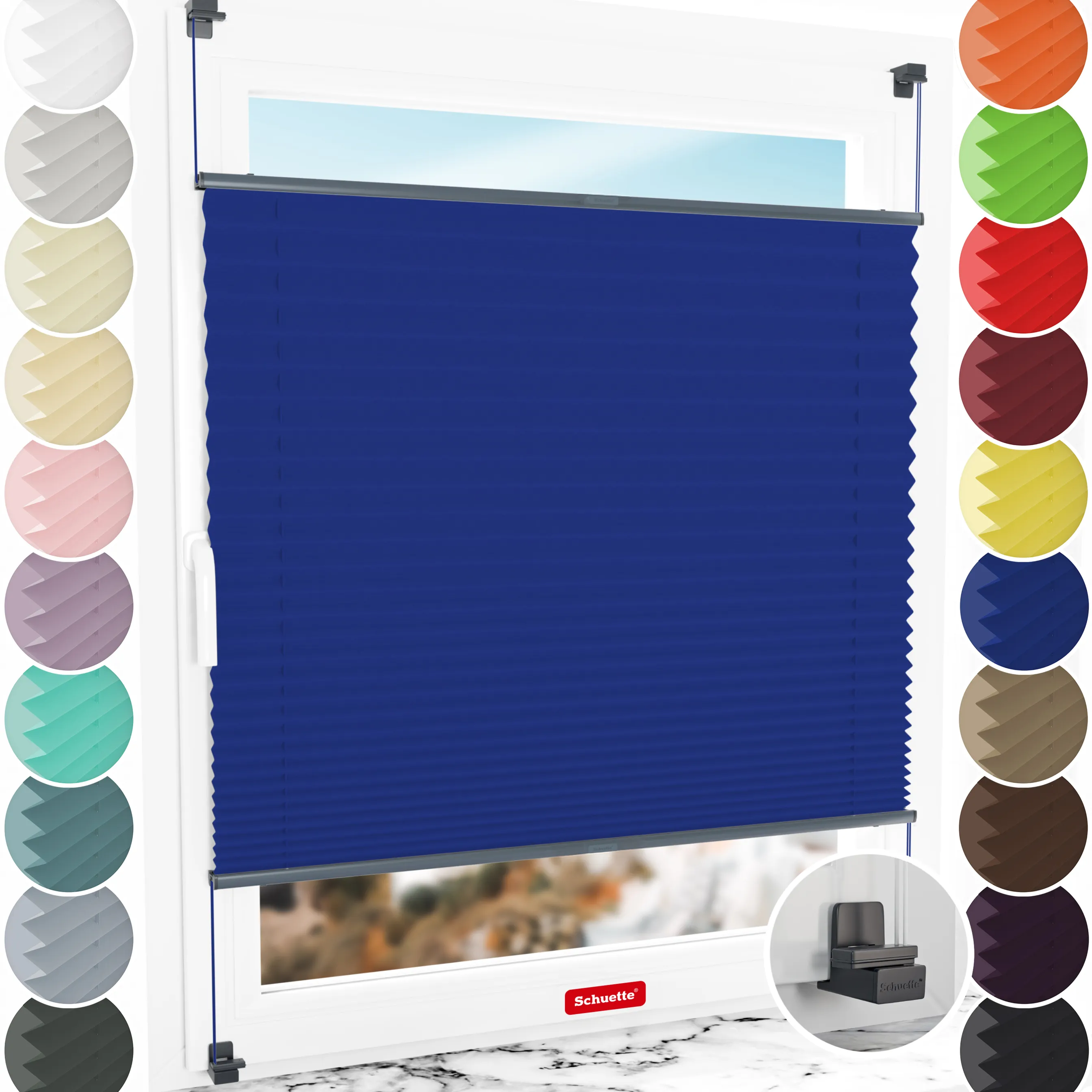Schuette® Plissee ohne Bohren nach Maß • Suprafix Klemmhalter "X" • Thermo Kollektion: Wave Waltz (Blau) • Profilfarbe: Anthrazit